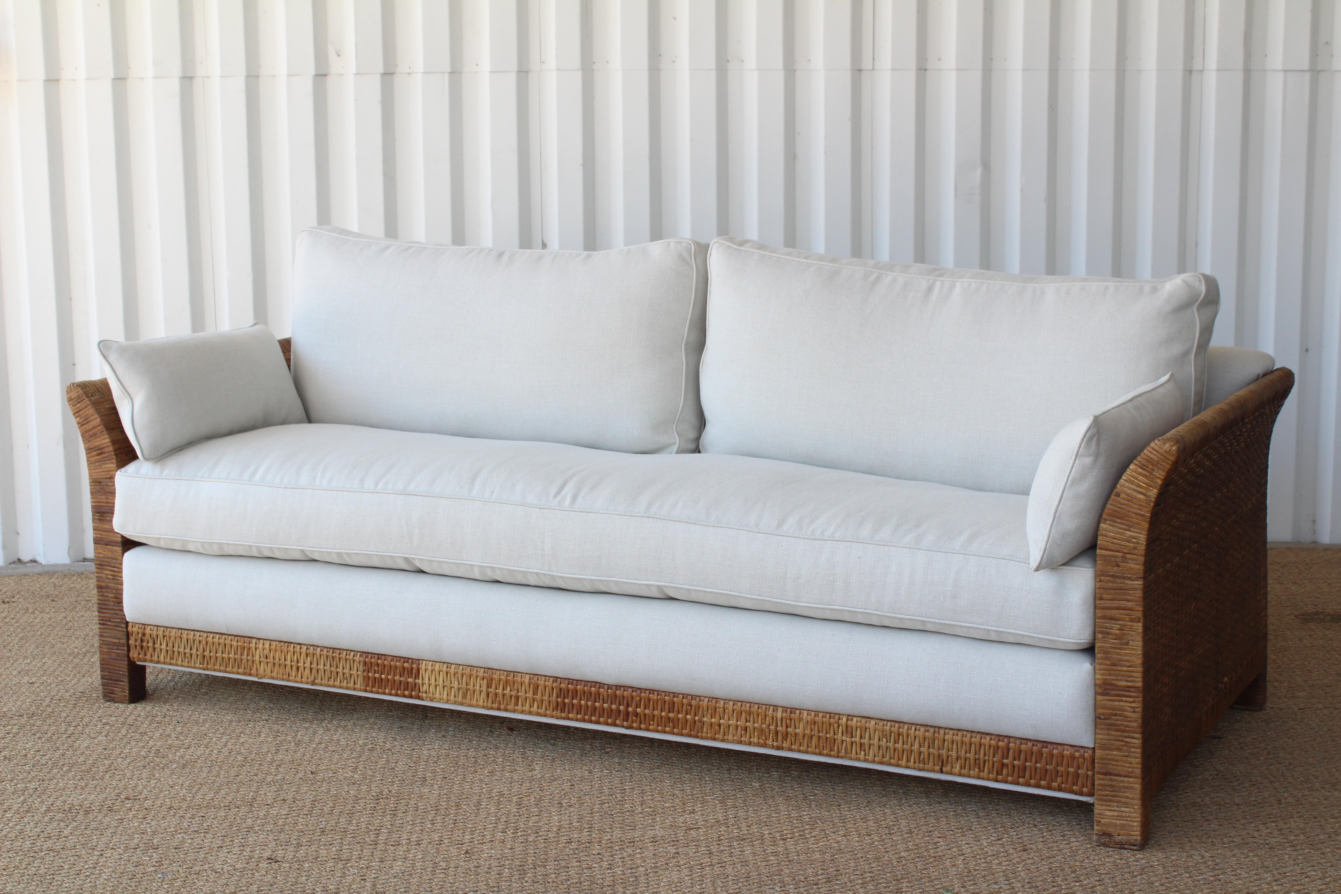 Mid-Century Modern Rattan and Belgian Linen Sofa, 1960s