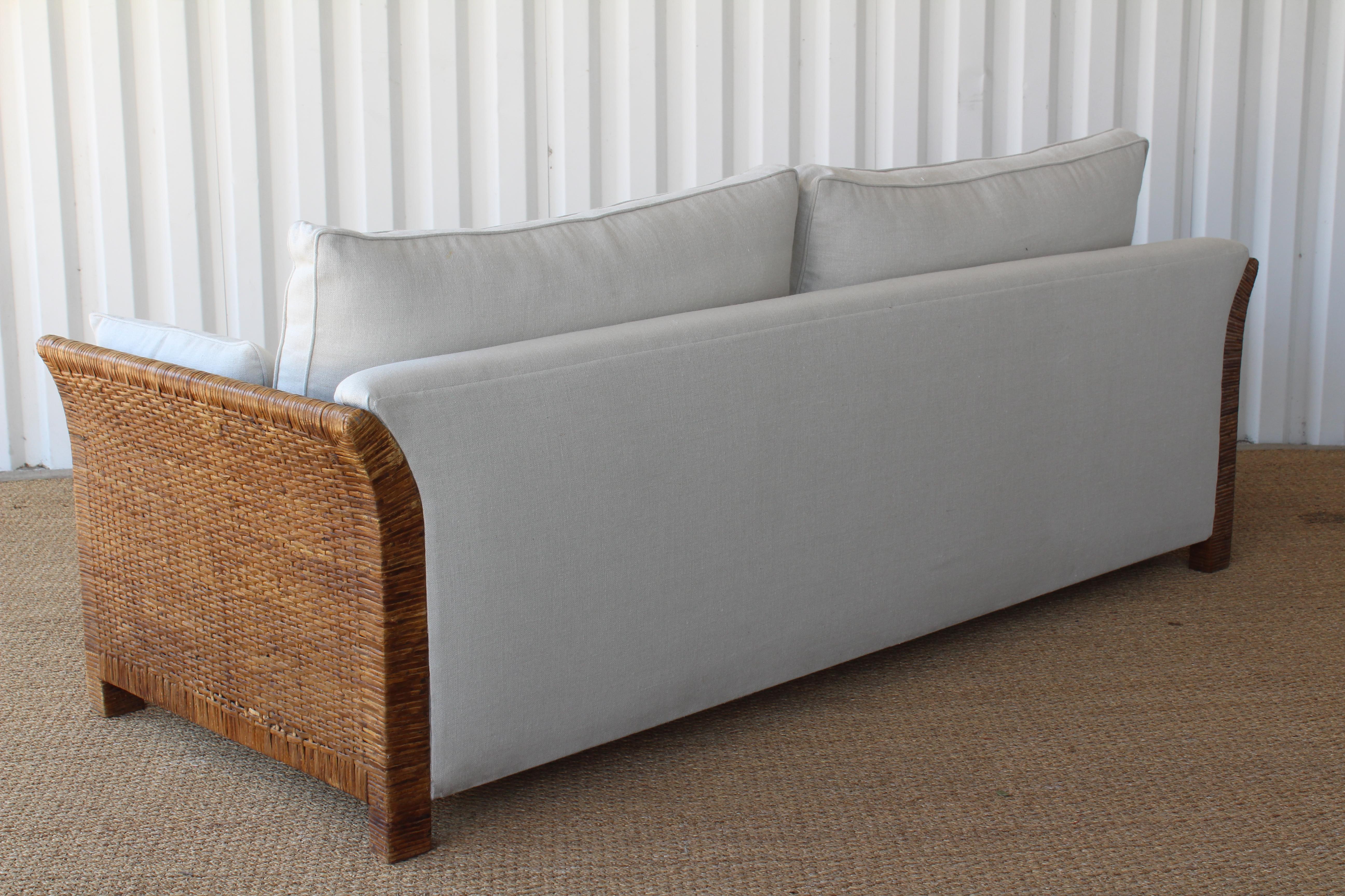 Rattan and Belgian Linen Sofa, 1960s In Good Condition In Los Angeles, CA