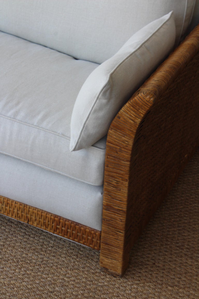 Rattan and Belgian Linen Sofa, 1960s at 1stDibs
