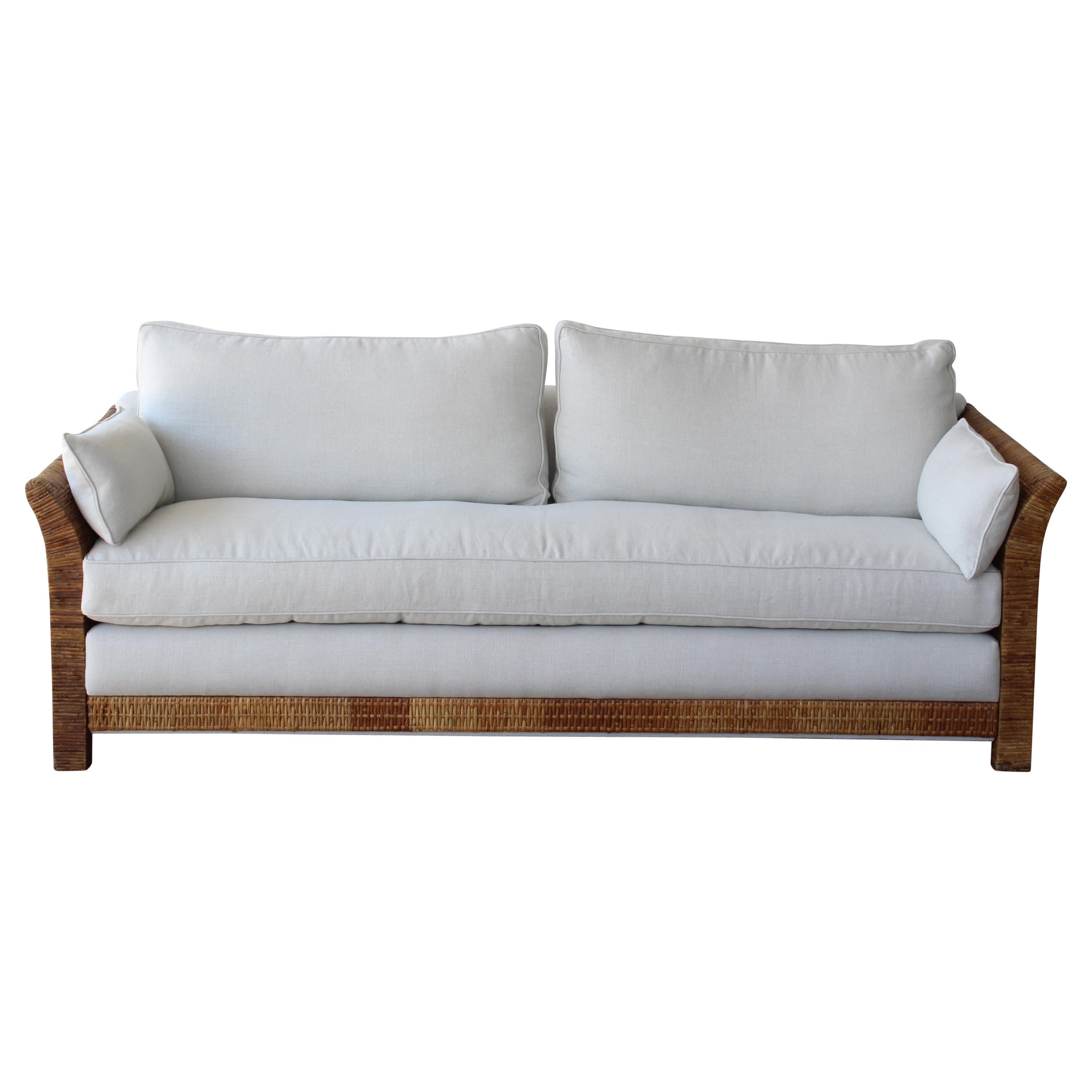 Rattan and Belgian Linen Sofa, 1960s