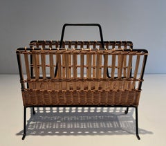 Rattan and Black Lacquered Magazine Rack
