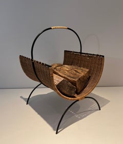 Rattan and Black Lacquered Metal Logs Holder