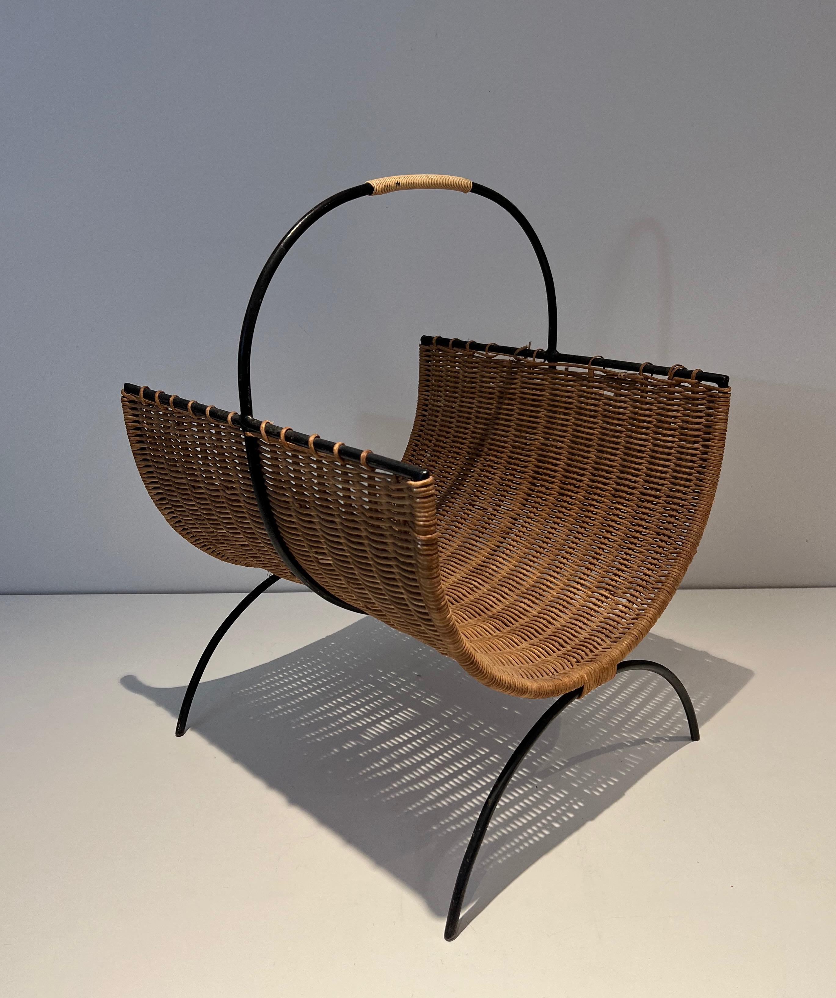 Mid-Century Modern Rattan and Black Lacquered Metal Logs Holder