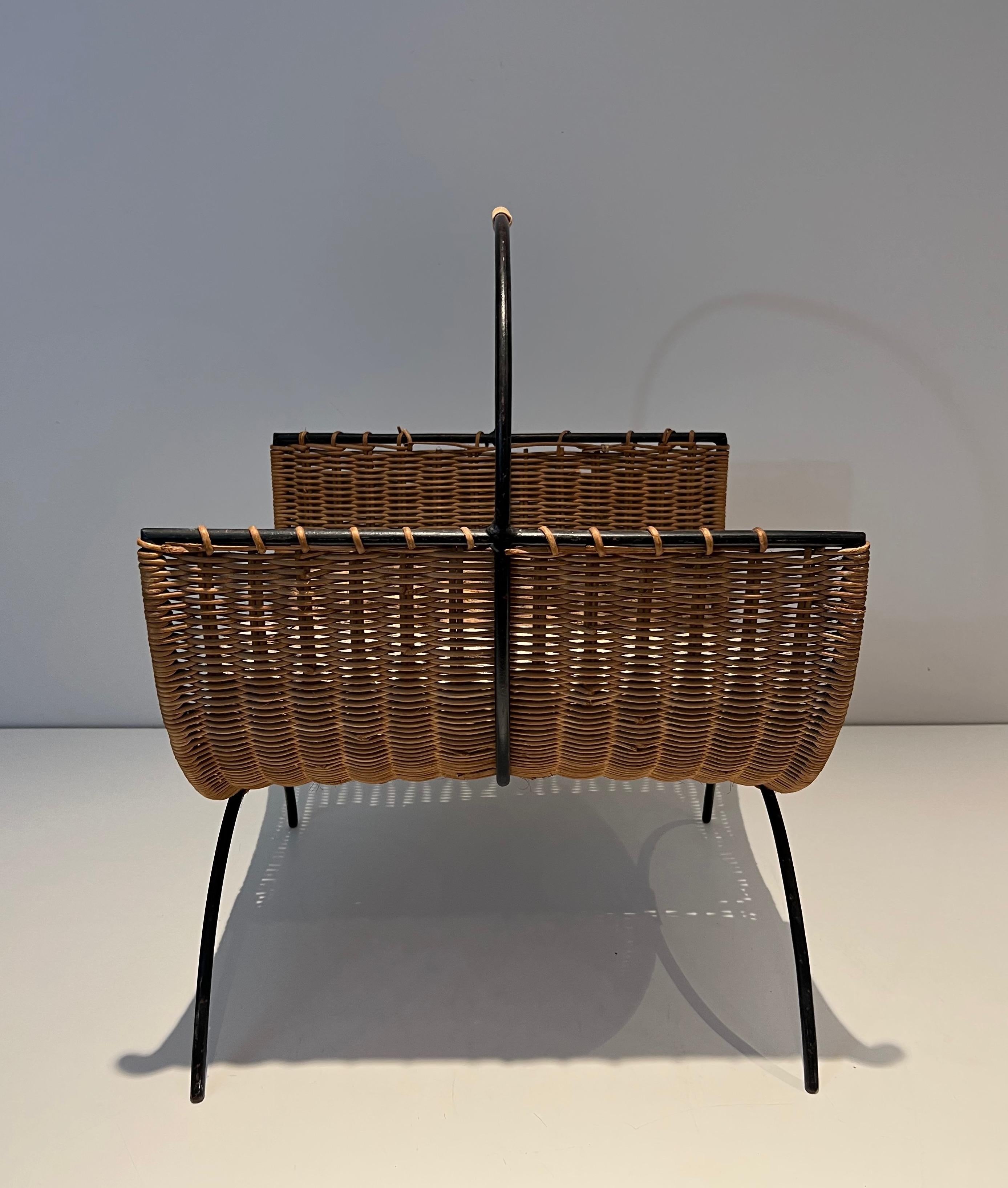 Late 20th Century Rattan and Black Lacquered Metal Logs Holder