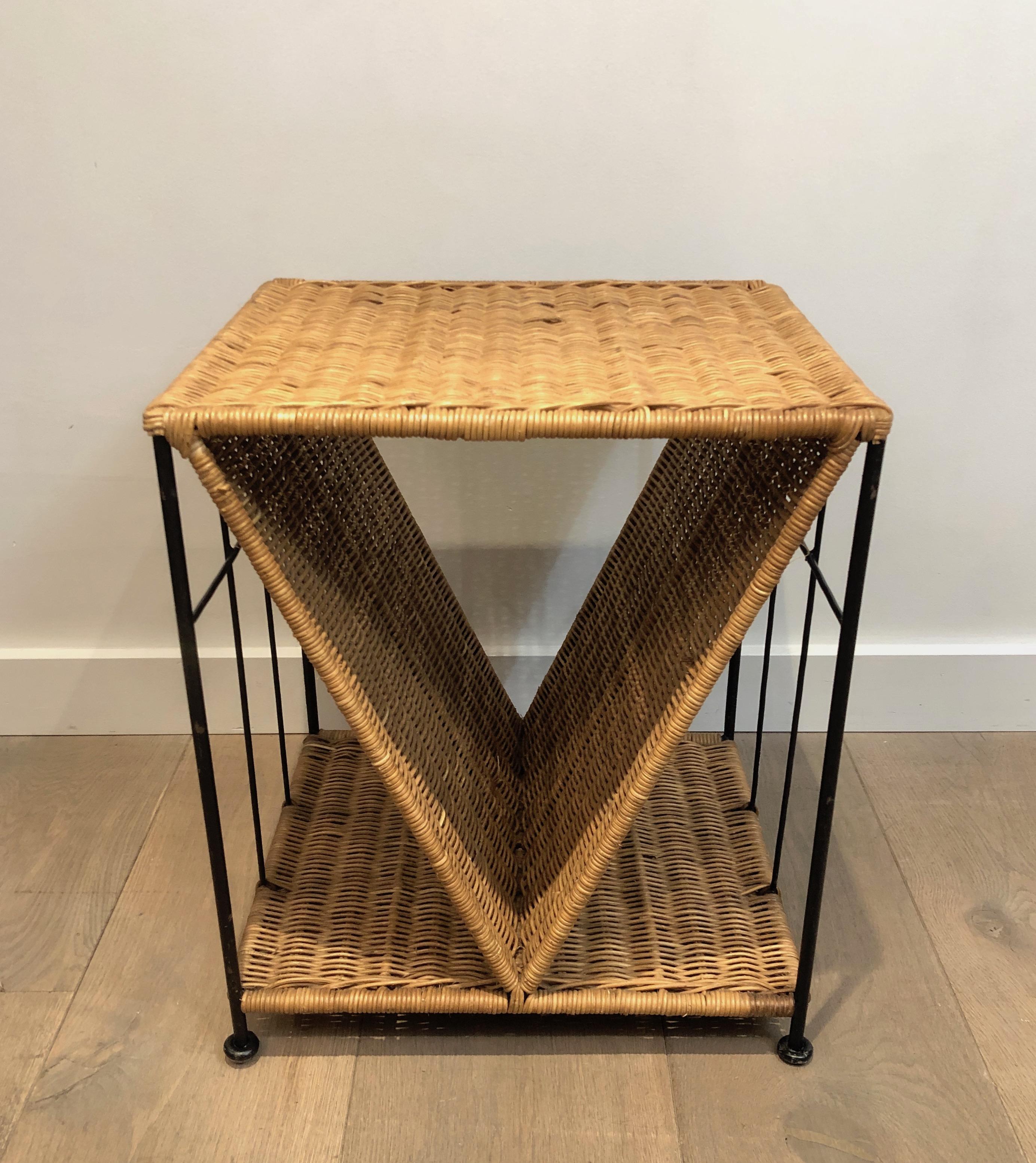 Rattan and Black Lacquered Metal Side Table, French, Circa 1970 5
