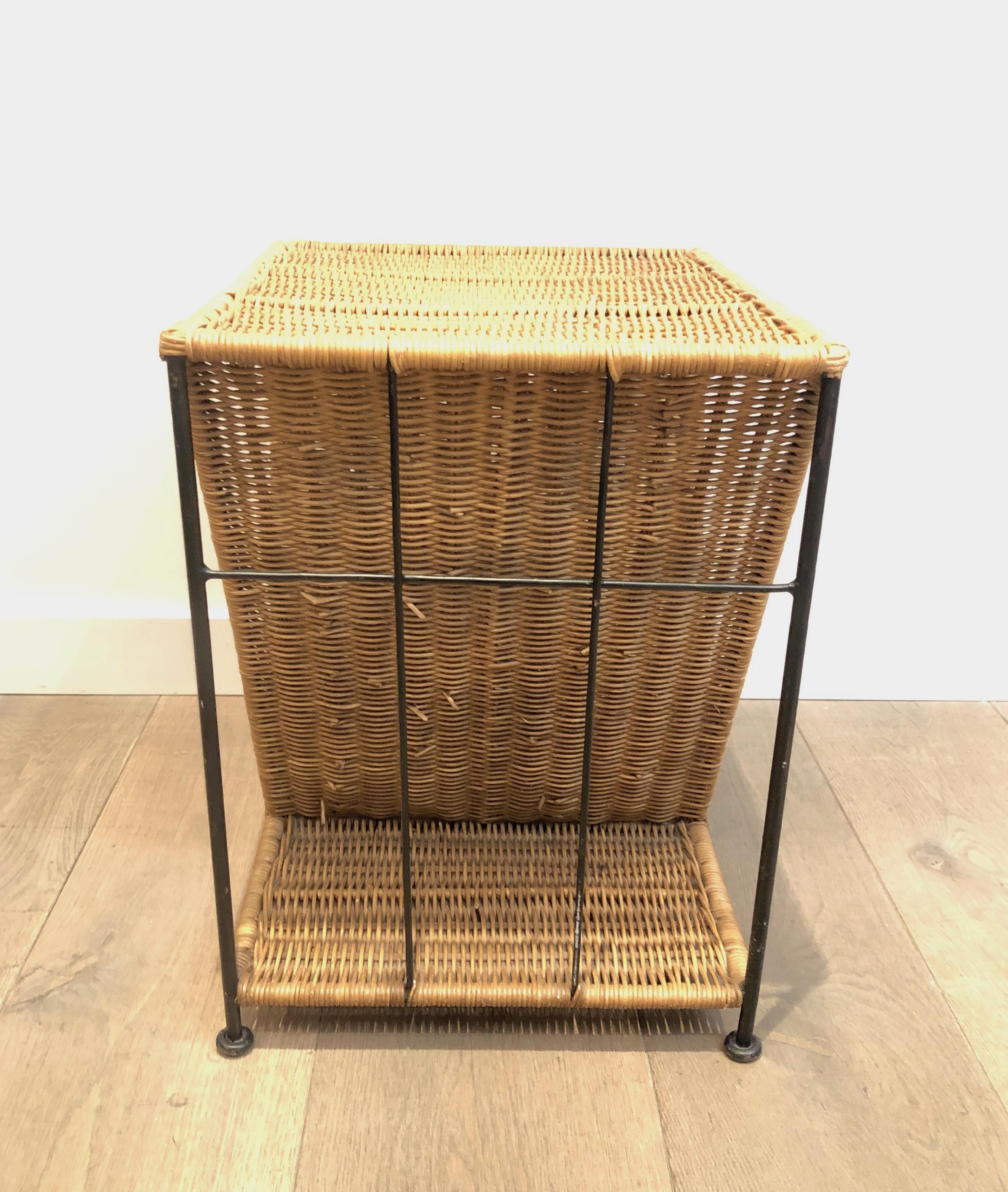 Rattan and Black Lacquered Metal Side Table, French, Circa 1970 6