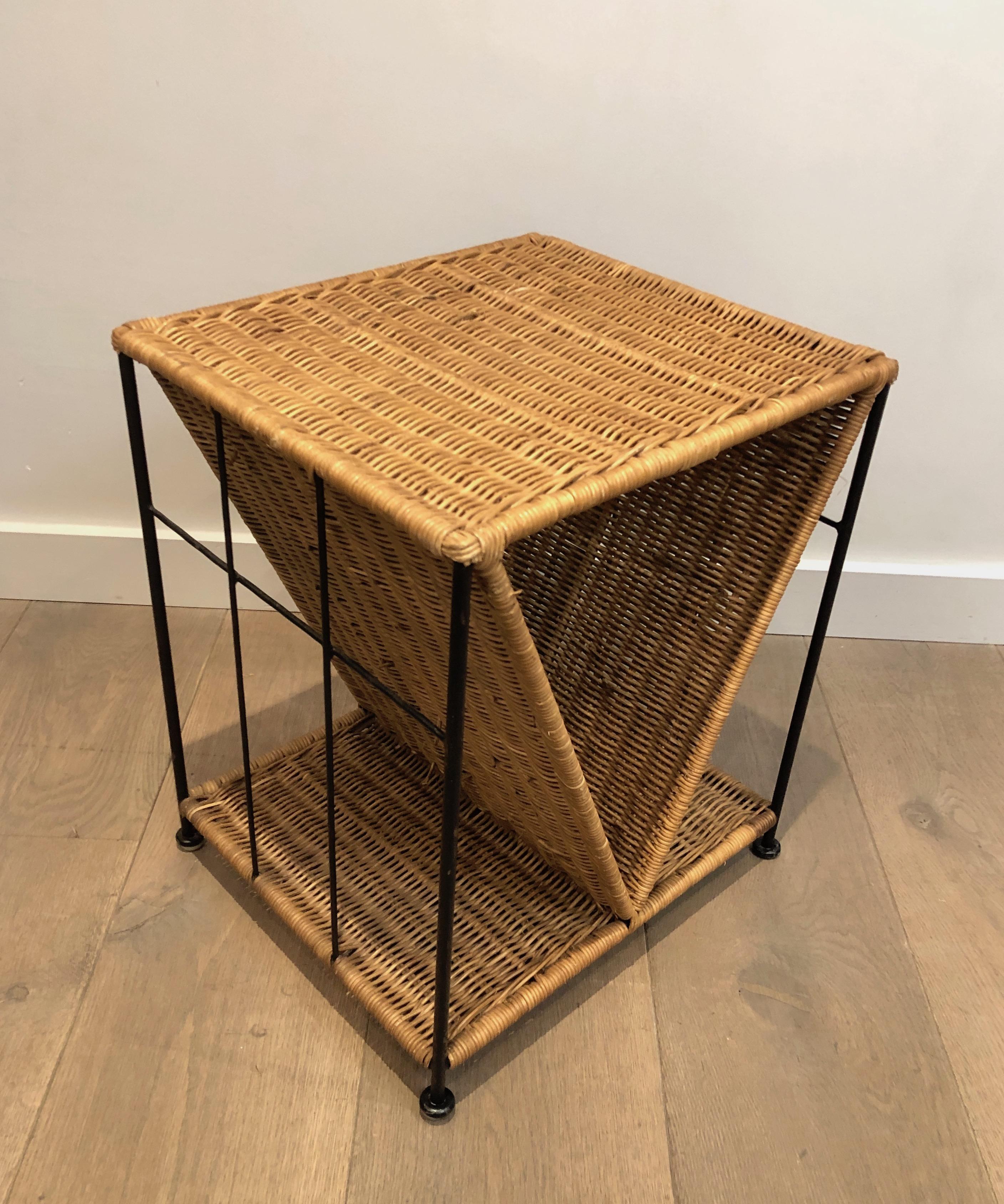 Mid-Century Modern Rattan and Black Lacquered Metal Side Table, French, Circa 1970