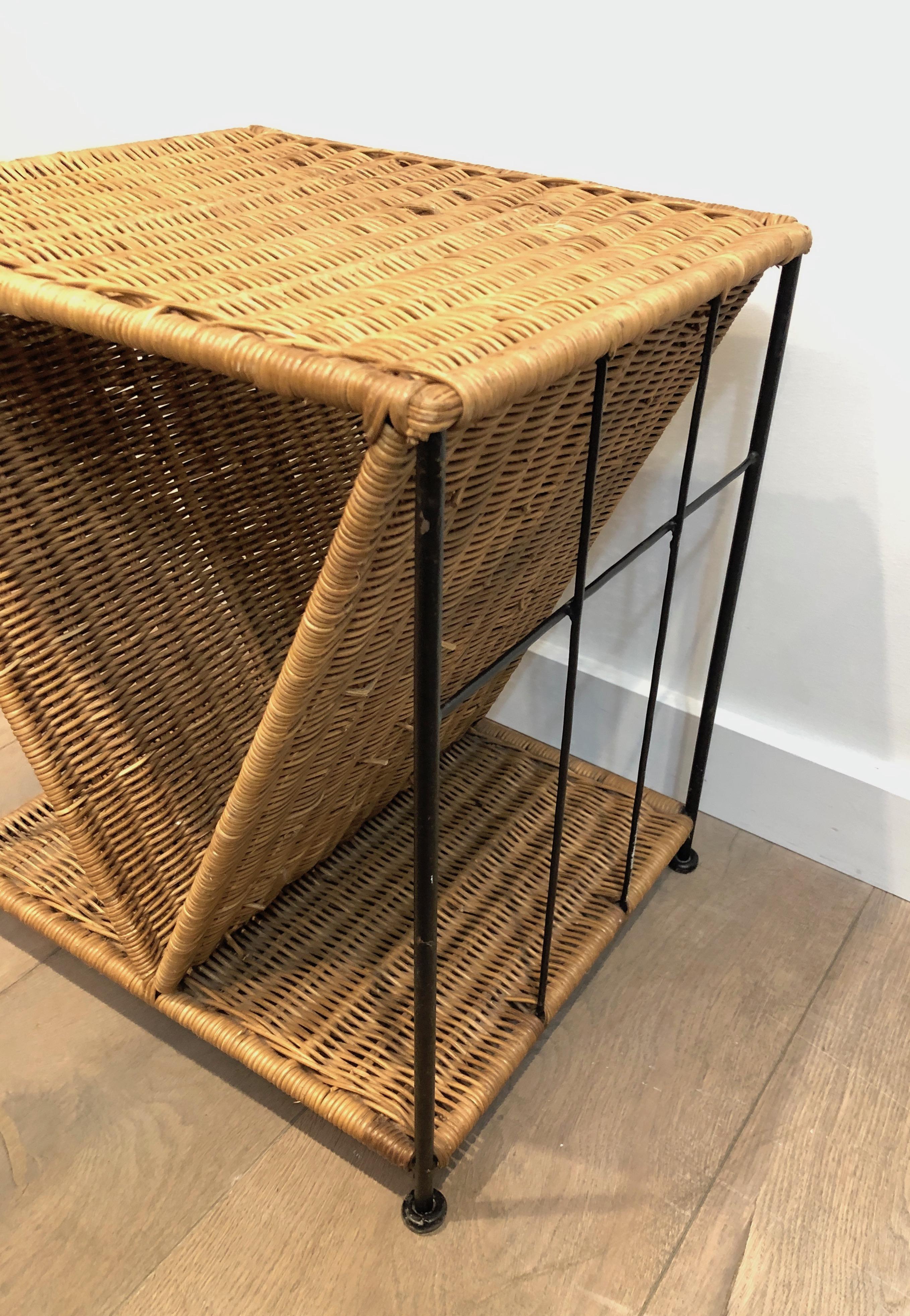 Late 20th Century Rattan and Black Lacquered Metal Side Table, French, Circa 1970