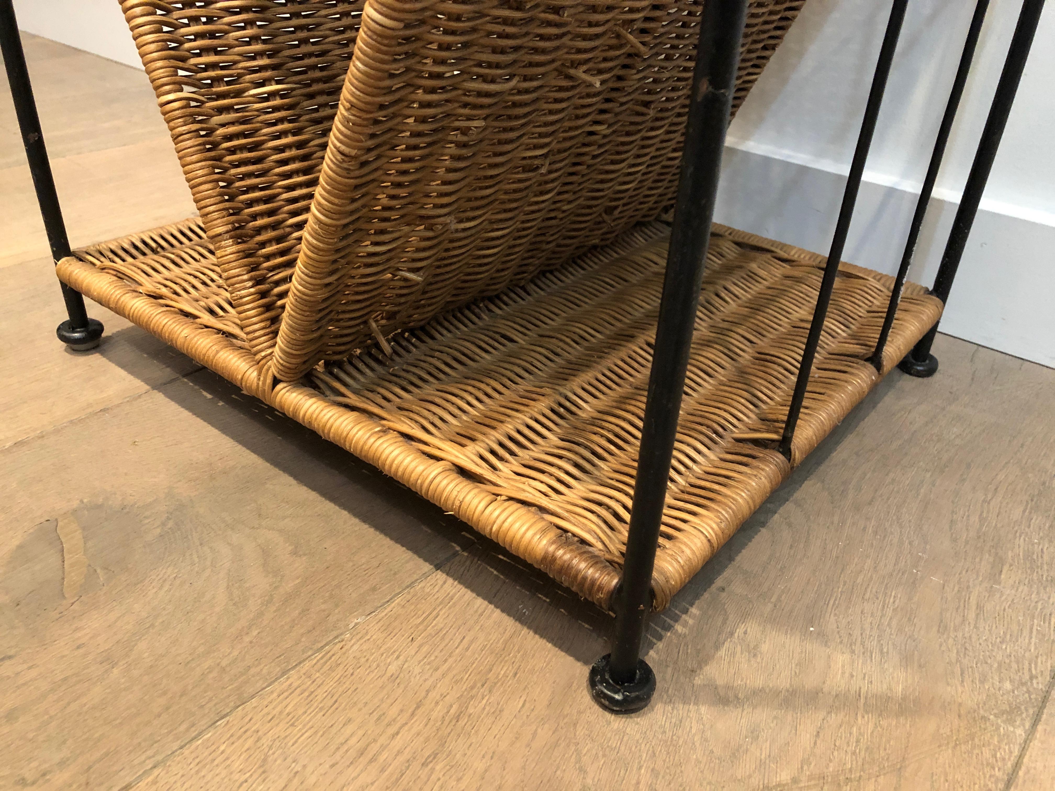 Rattan and Black Lacquered Metal Side Table, French, Circa 1970 2