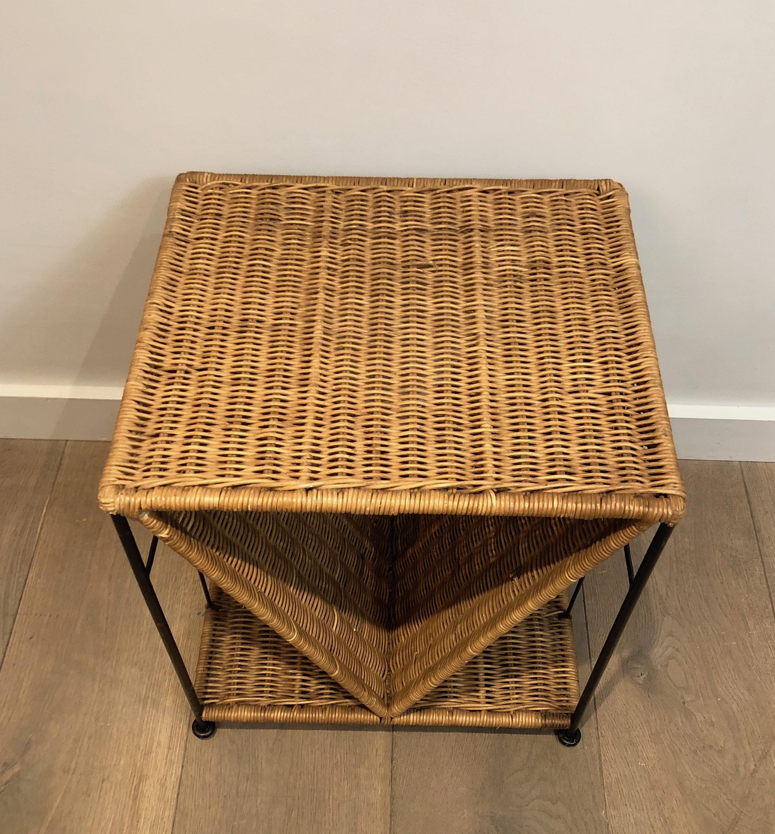 Rattan and Black Lacquered Metal Side Table, French, Circa 1970 3