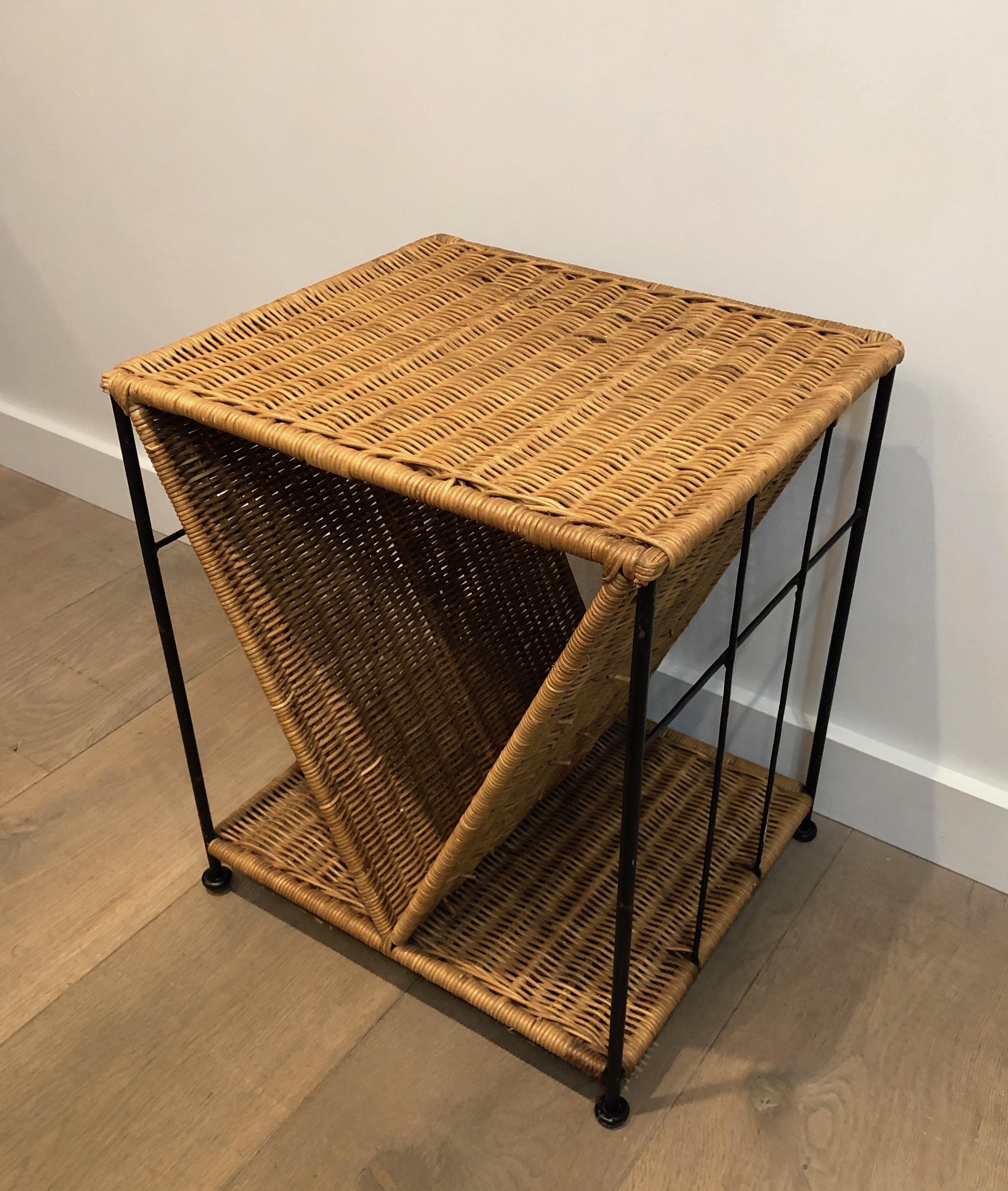 Rattan and Black Lacquered Metal Side Table, French, Circa 1970 4