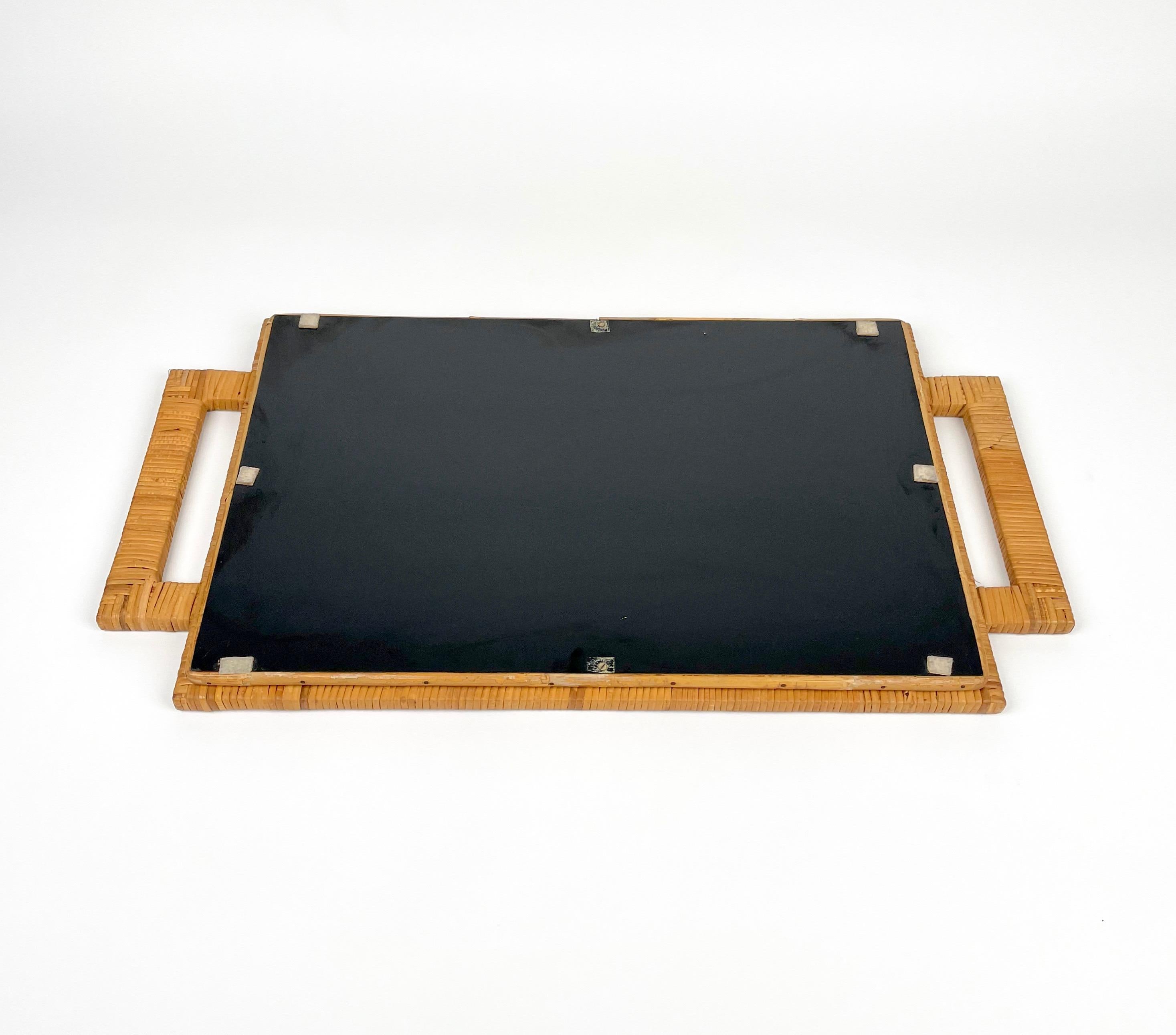 Rattan and Black Laminate Serving Tray, Italy, 1970s 7