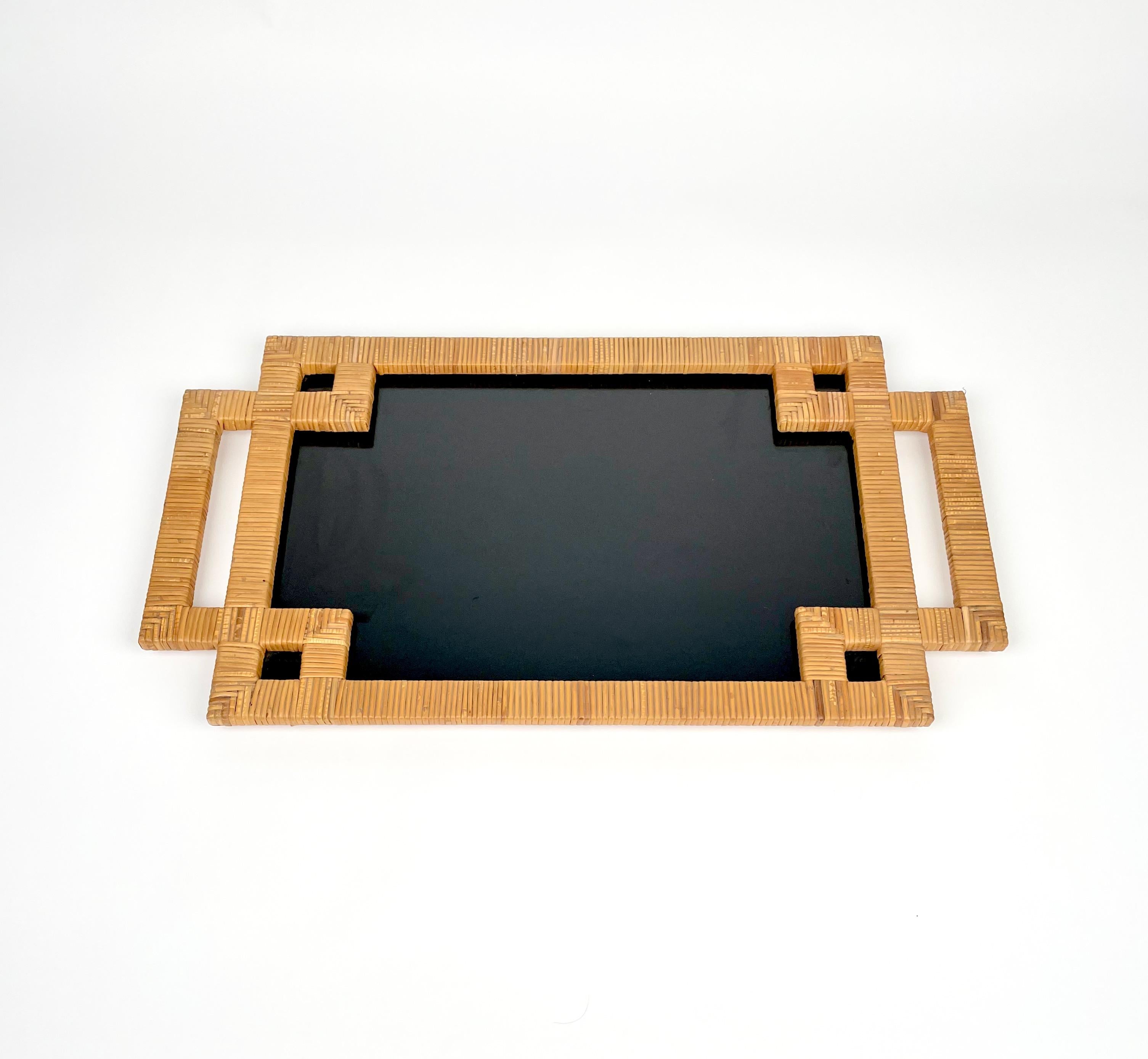 Mid-Century Modern Rattan and Black Laminate Serving Tray, Italy, 1970s