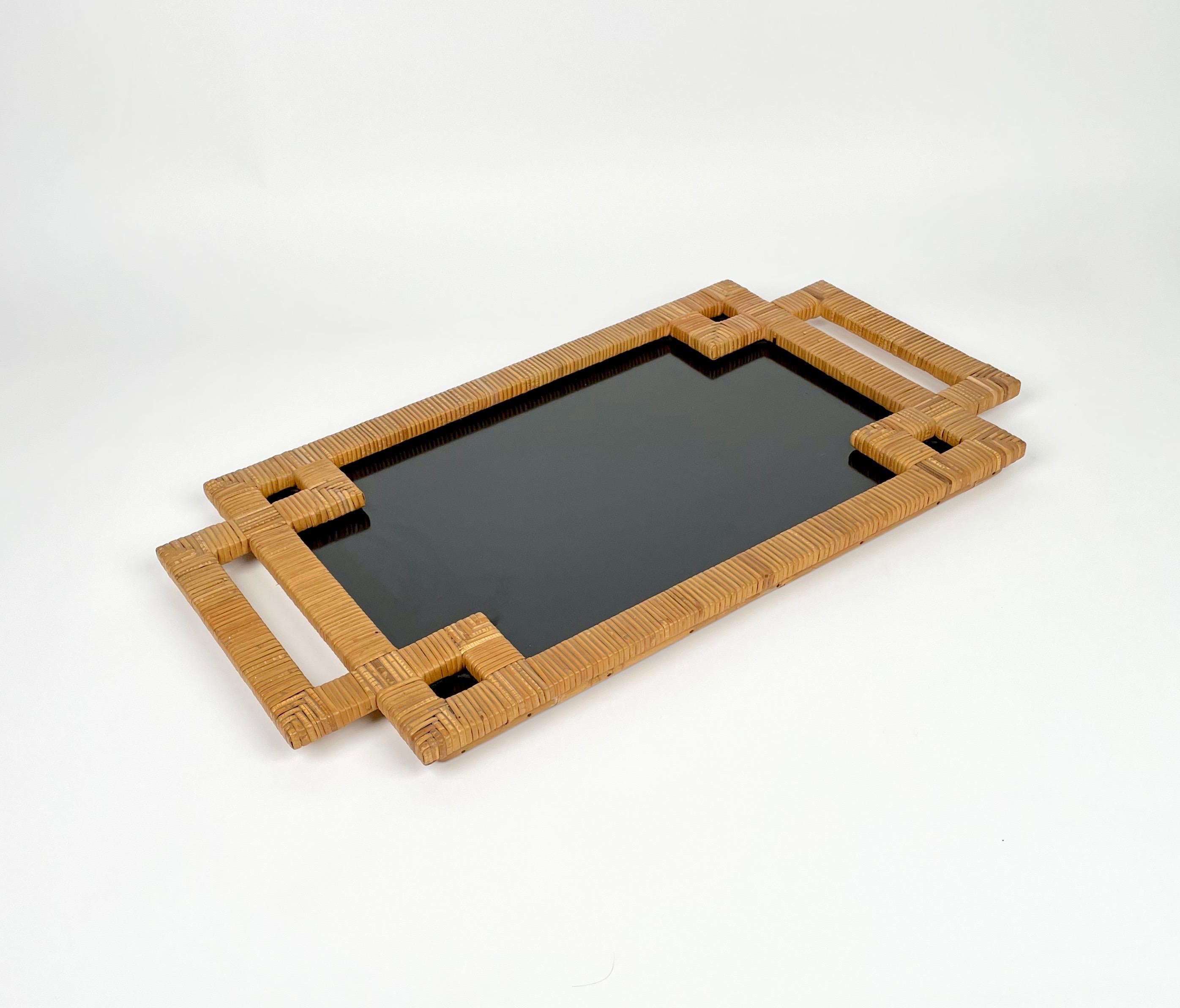Rattan and Black Laminate Serving Tray, Italy, 1970s In Good Condition In Rome, IT