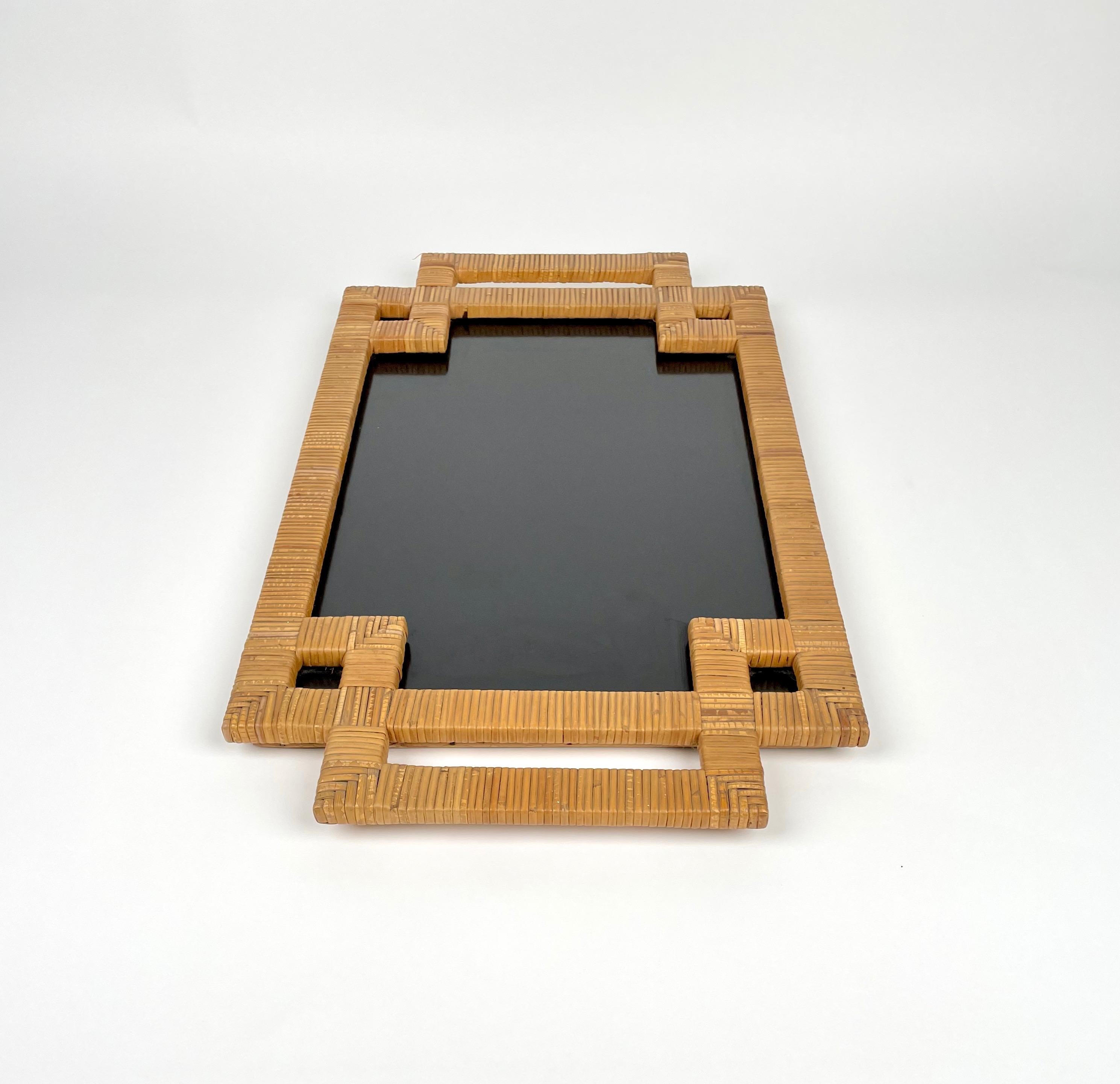Late 20th Century Rattan and Black Laminate Serving Tray, Italy, 1970s