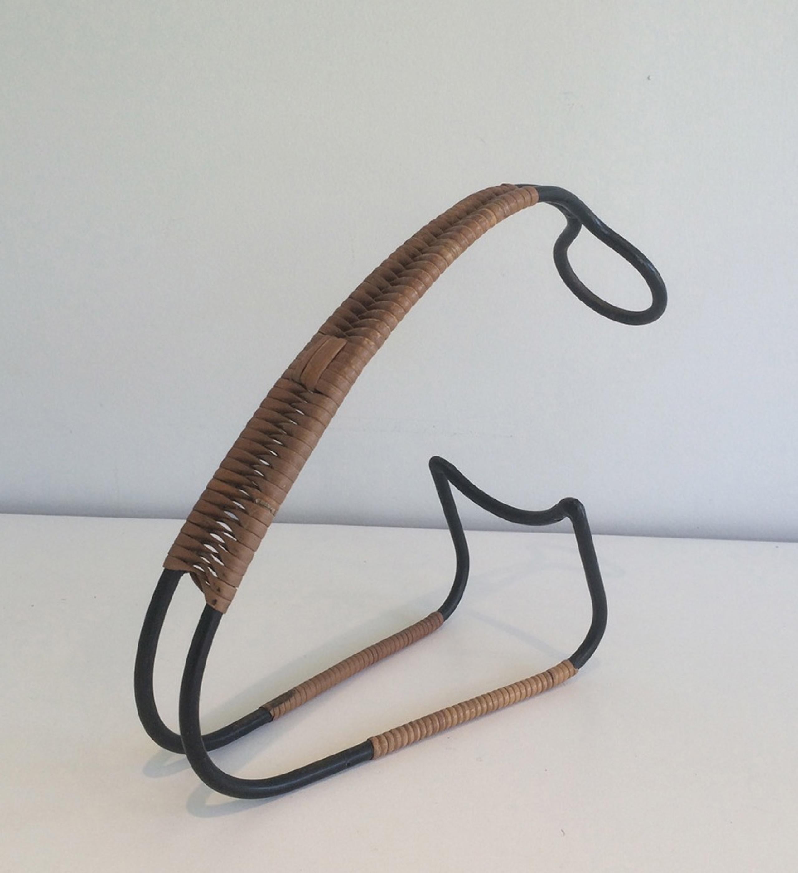 Mid-Century Modern Rattan and Black Metal Bottle Holder, in the Style of Mathieu Mategot, C. 1960 For Sale
