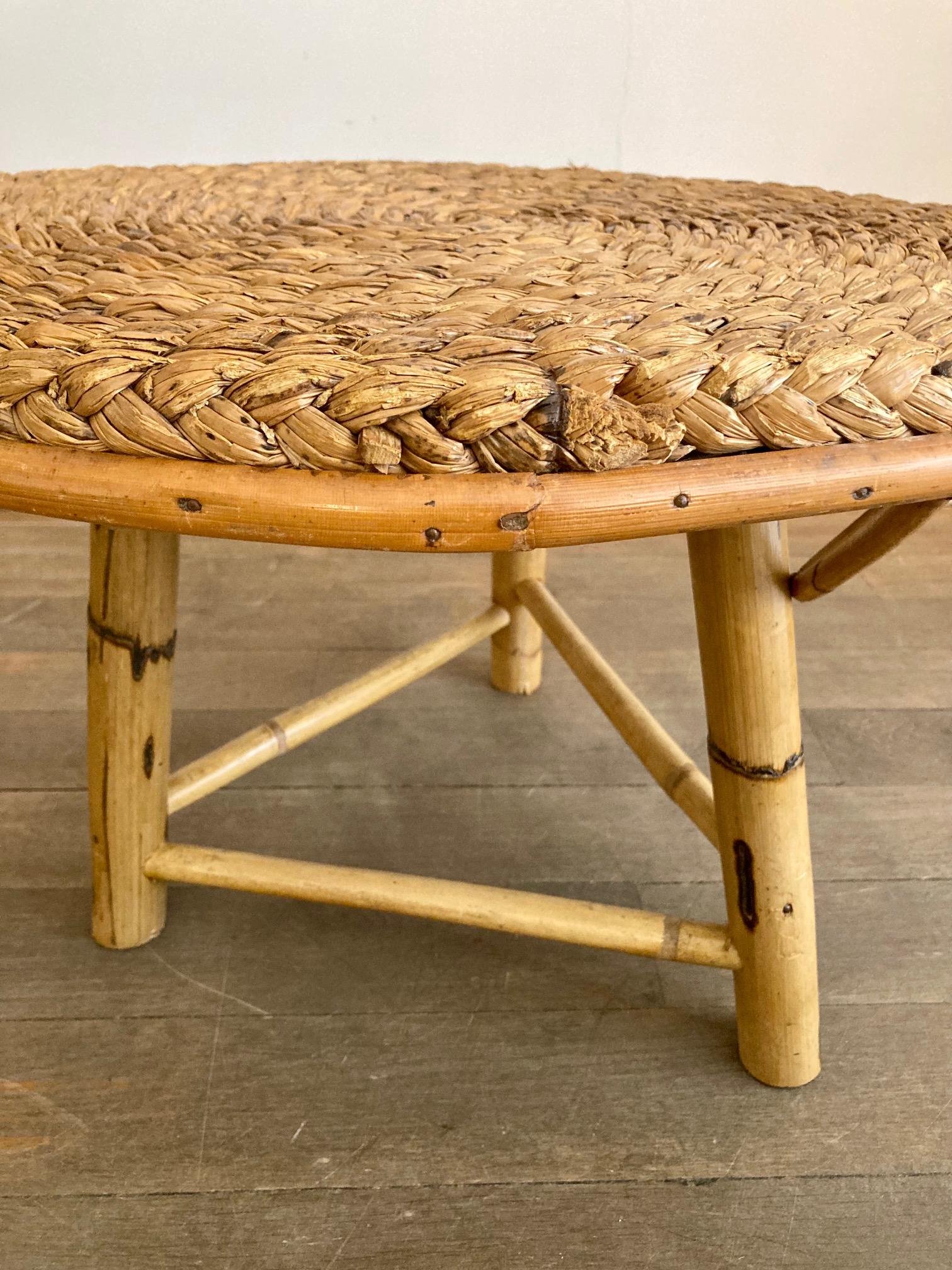 French Rattan and Braided Rush Coffee Table in the Taste of Audoux-Minet, 1950's