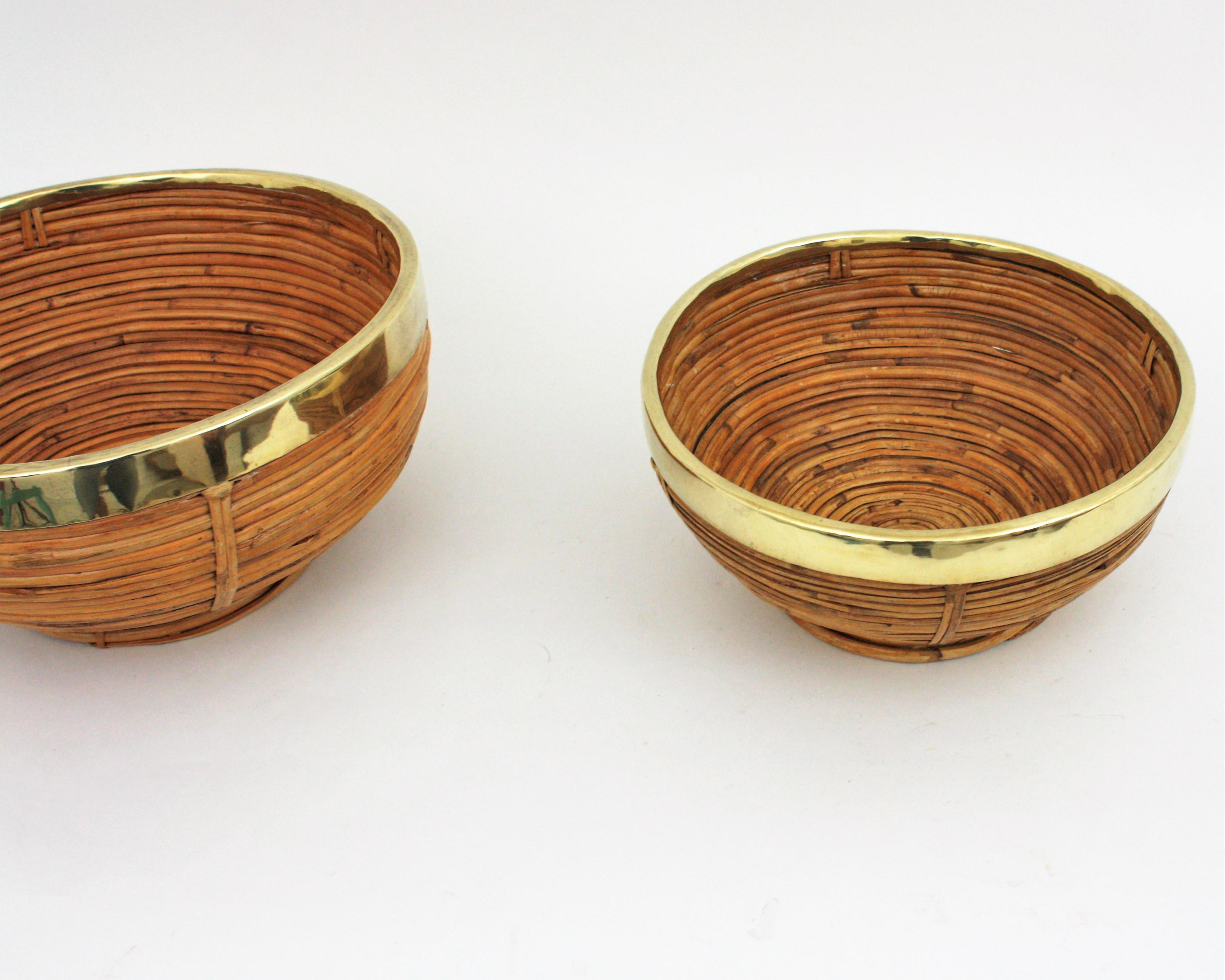 Rattan and Brass Basket Centerpiece Bowl, Italy, 1970s For Sale 4