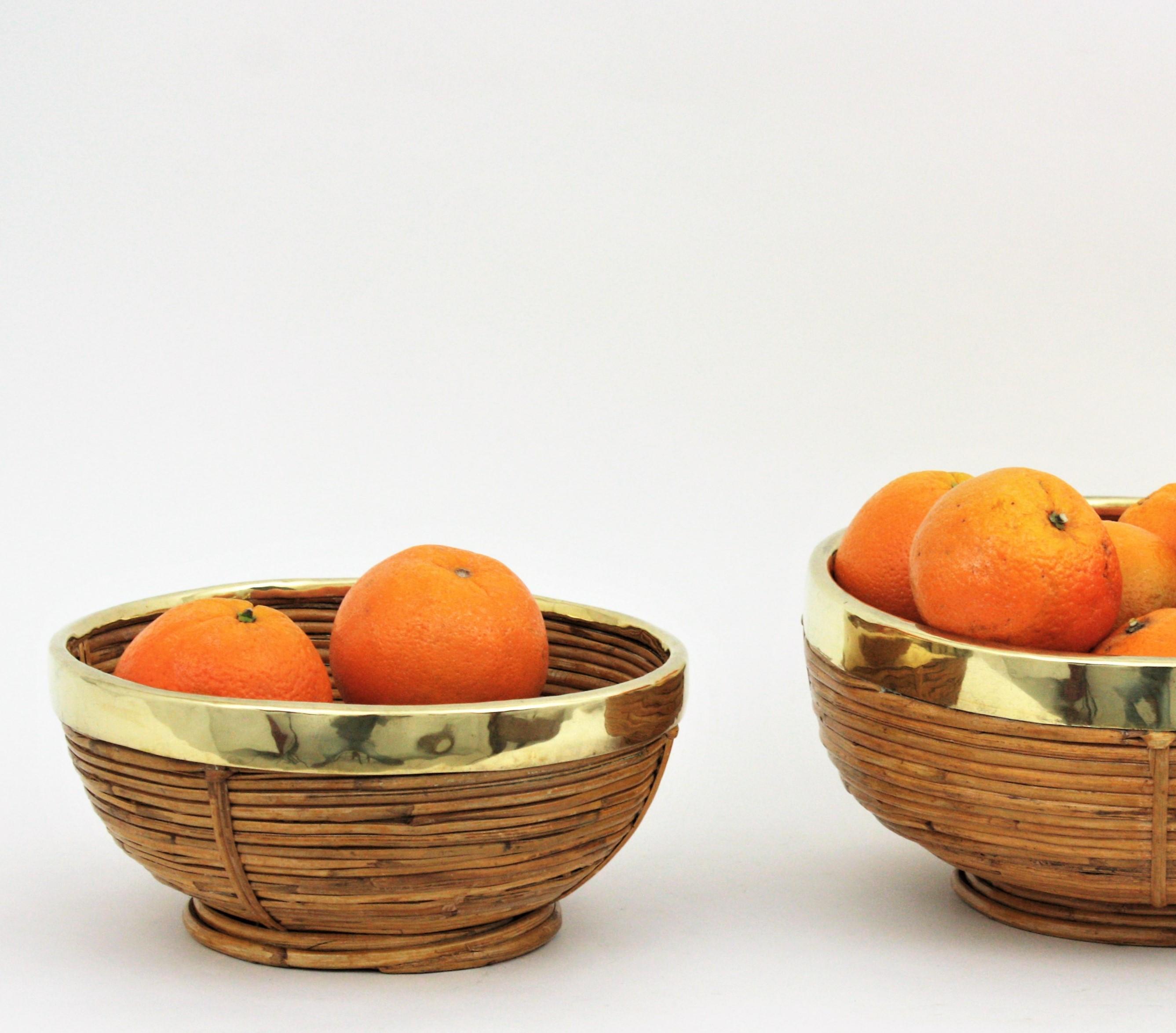 Rattan and Brass Basket Centerpiece Bowl, Italy, 1970s For Sale 7