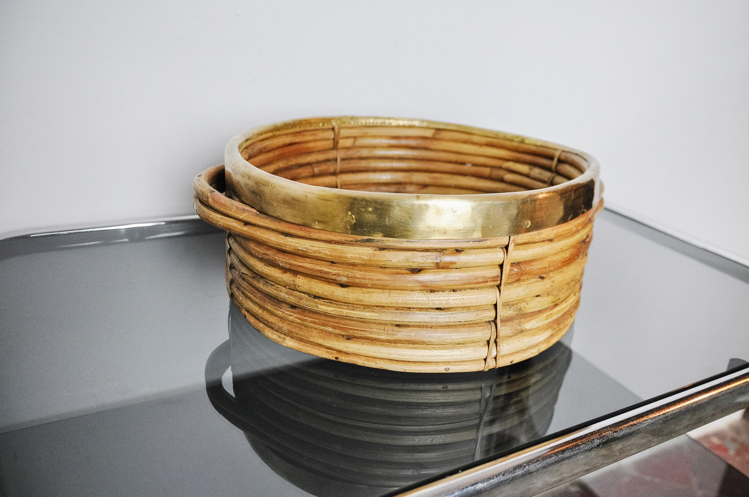 Italian Rattan and Brass Basket, Italy, 1970 For Sale