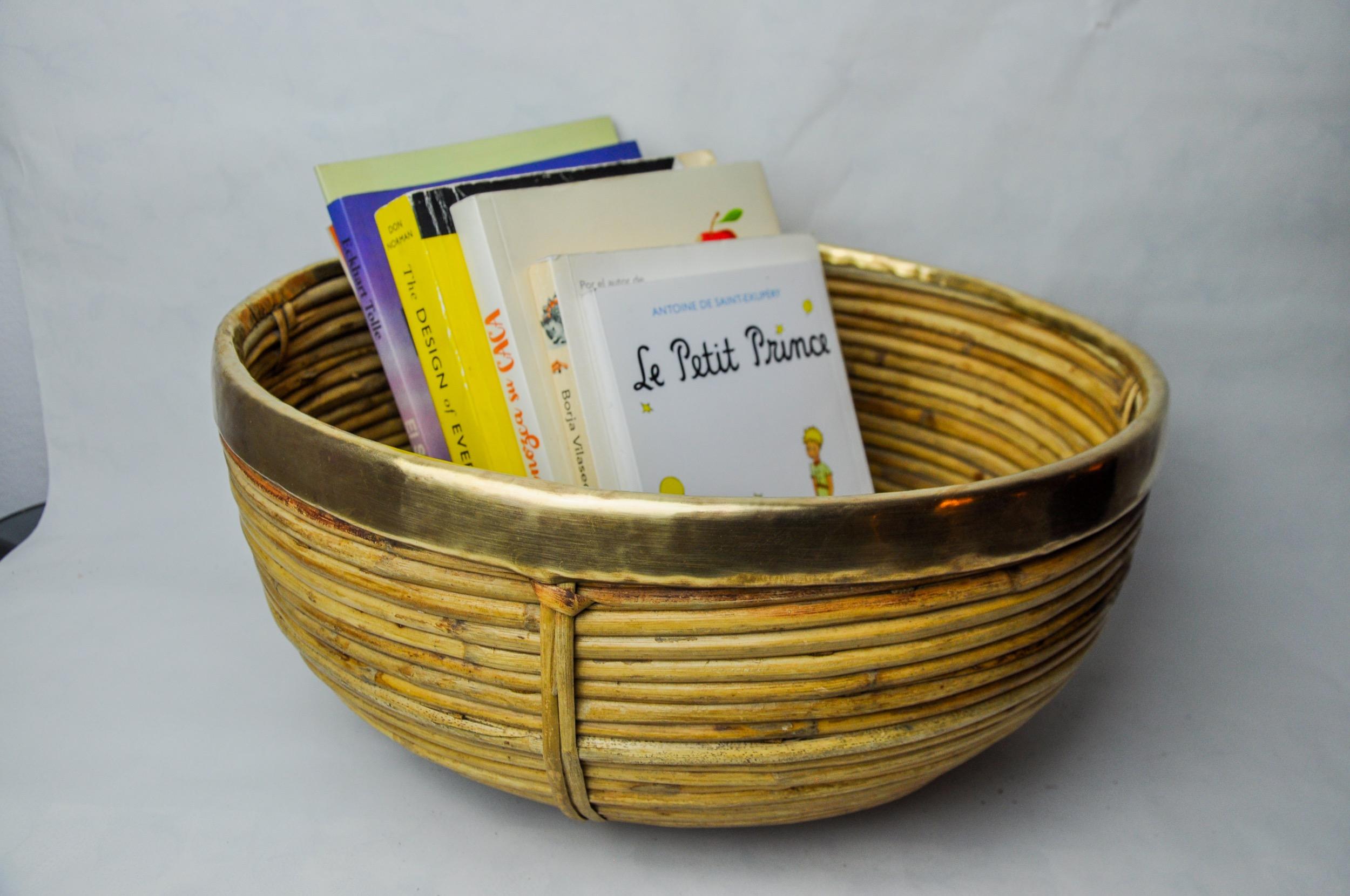 Late 20th Century Rattan and brass basket, Italy, 1970 For Sale