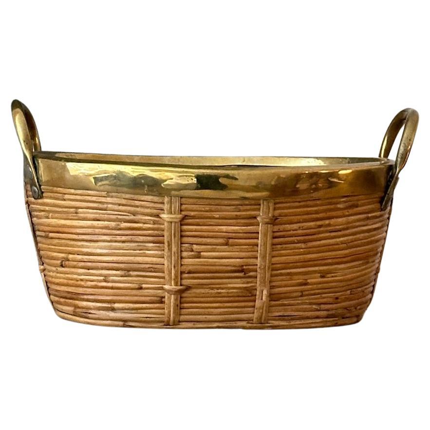 Rattan and Brass Basket With Handles