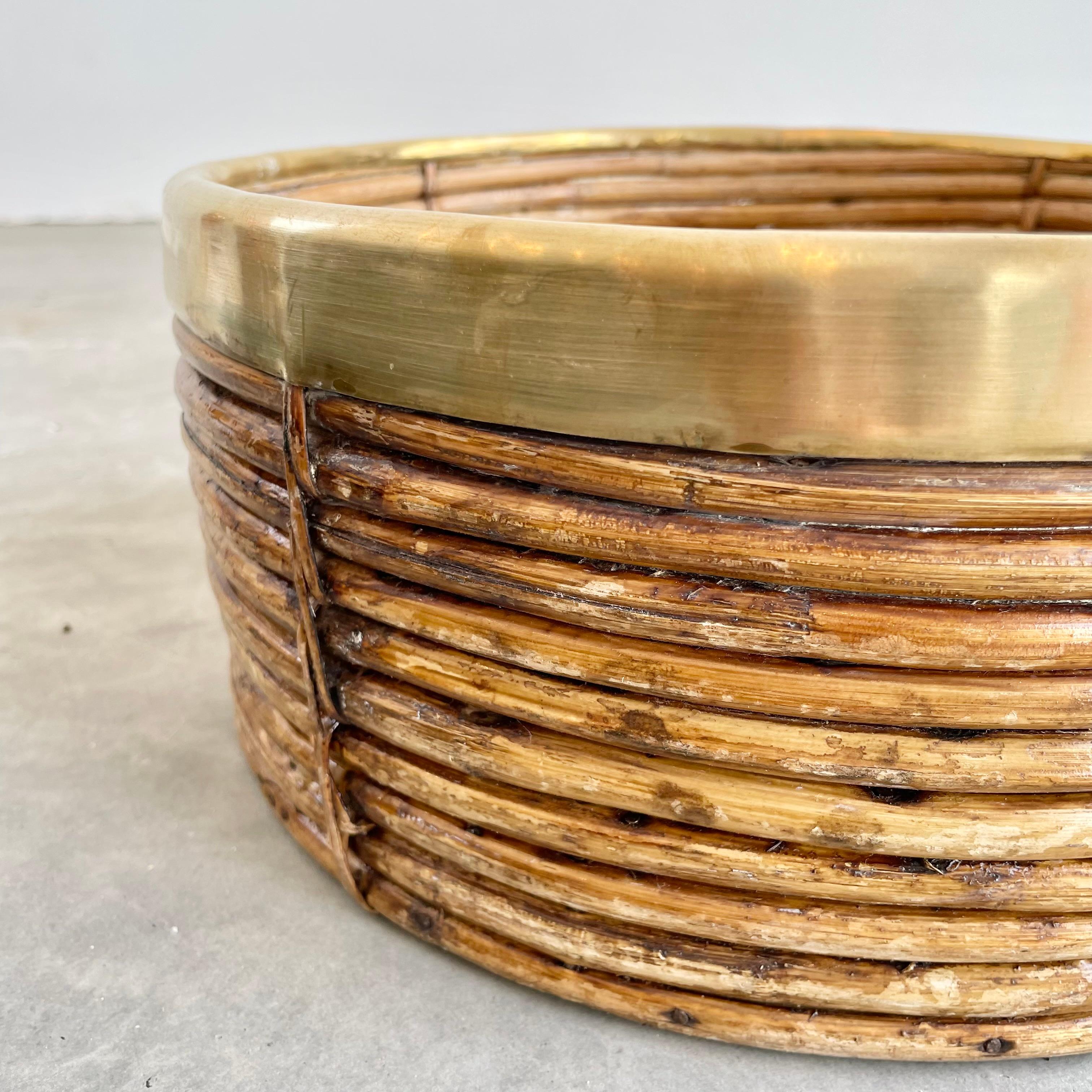 Bohemian Rattan and Brass Bowl in the Style of Gabriella Crespi, 1960s Italy For Sale