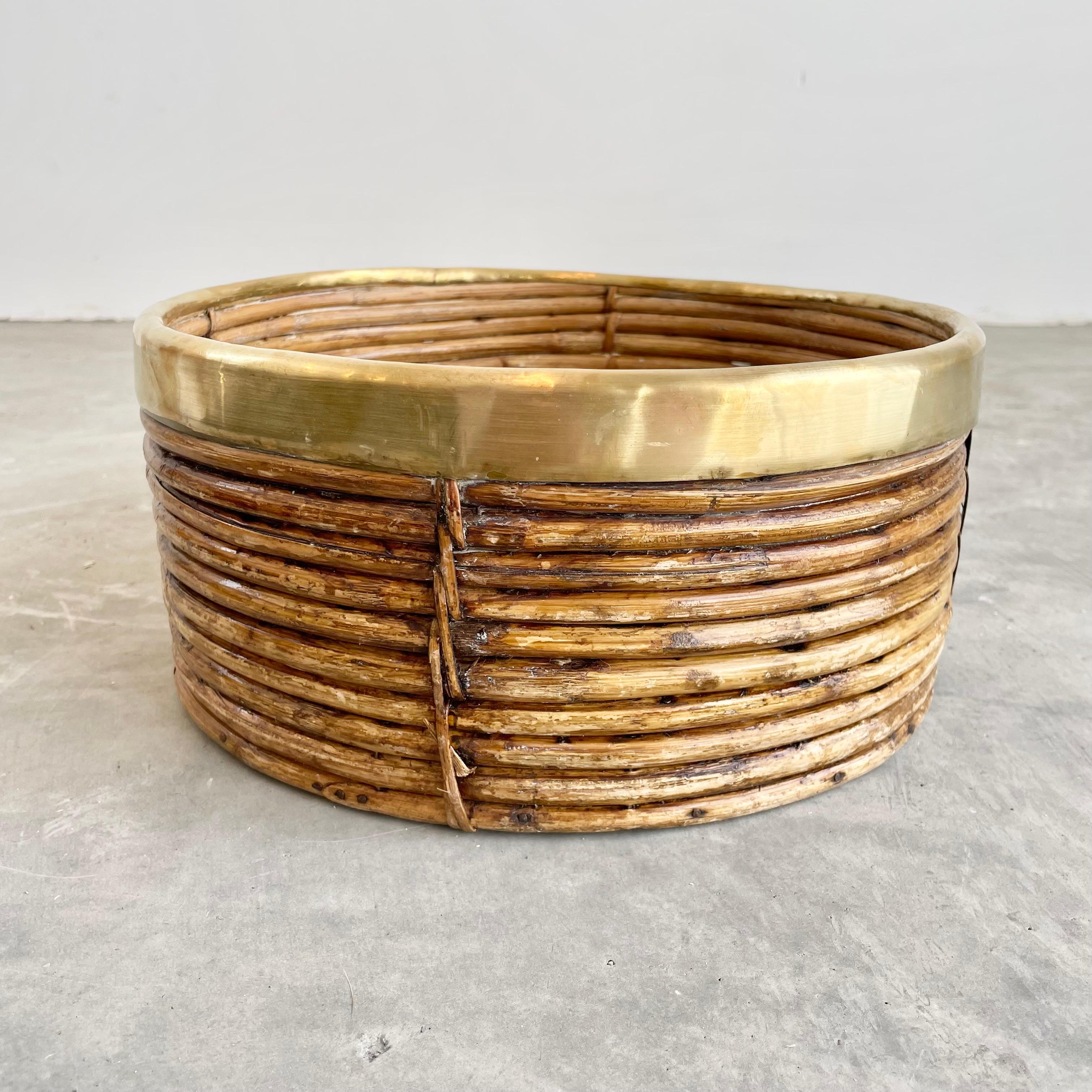 Italian Rattan and Brass Bowl in the Style of Gabriella Crespi, 1960s Italy For Sale