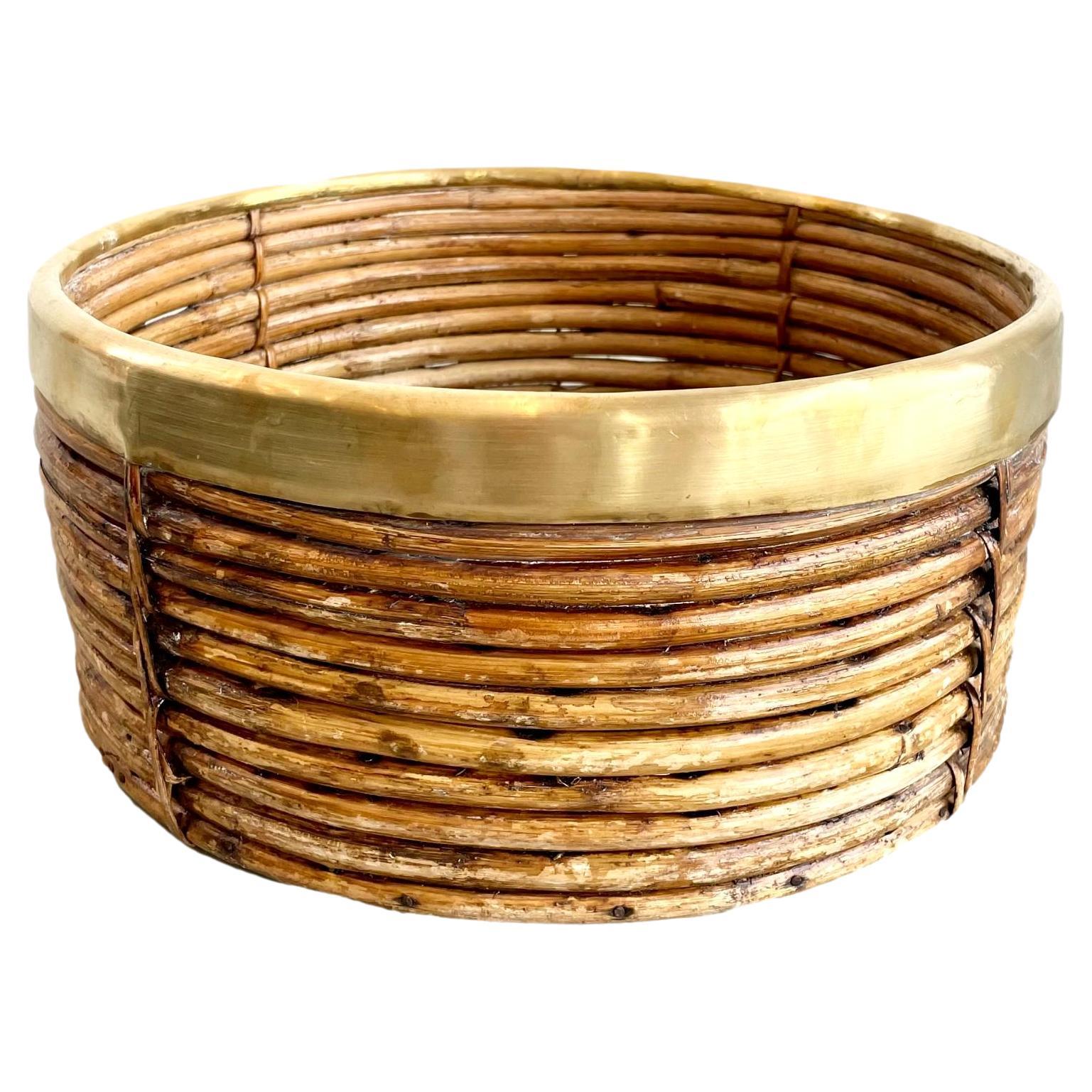 Rattan and Brass Bowl in the Style of Gabriella Crespi, 1960s Italy