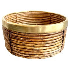 Retro Rattan and Brass Bowl in the Style of Gabriella Crespi, 1960s Italy