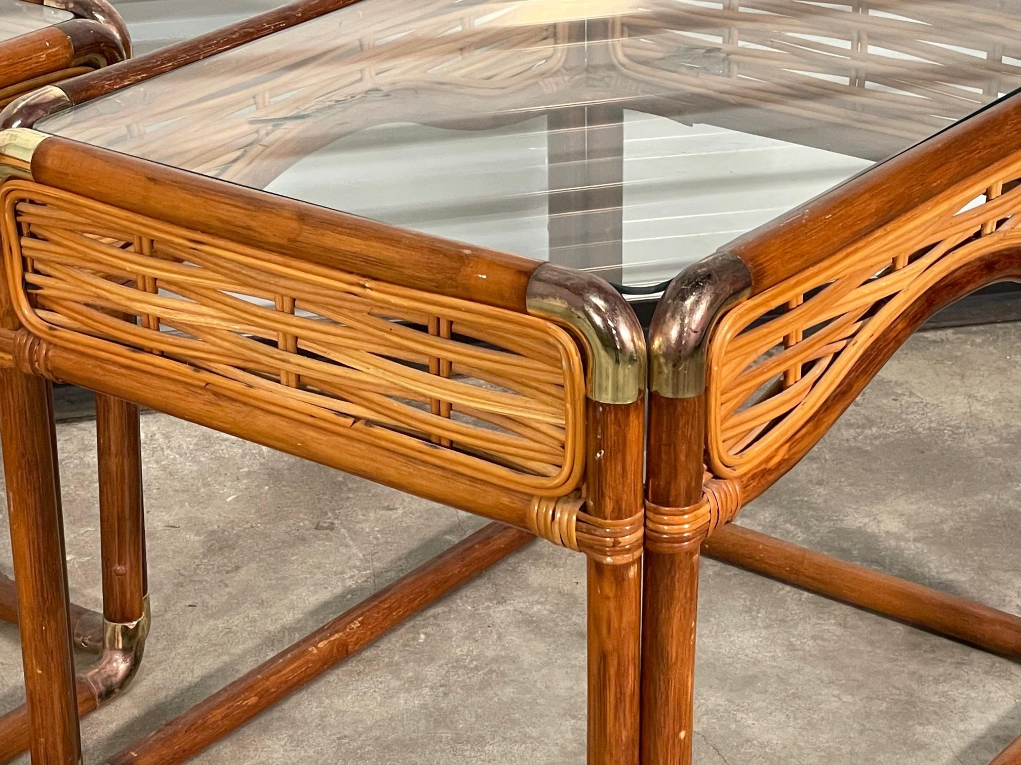 Rattan and Brass Campaign Style End Tables In Good Condition In Jacksonville, FL