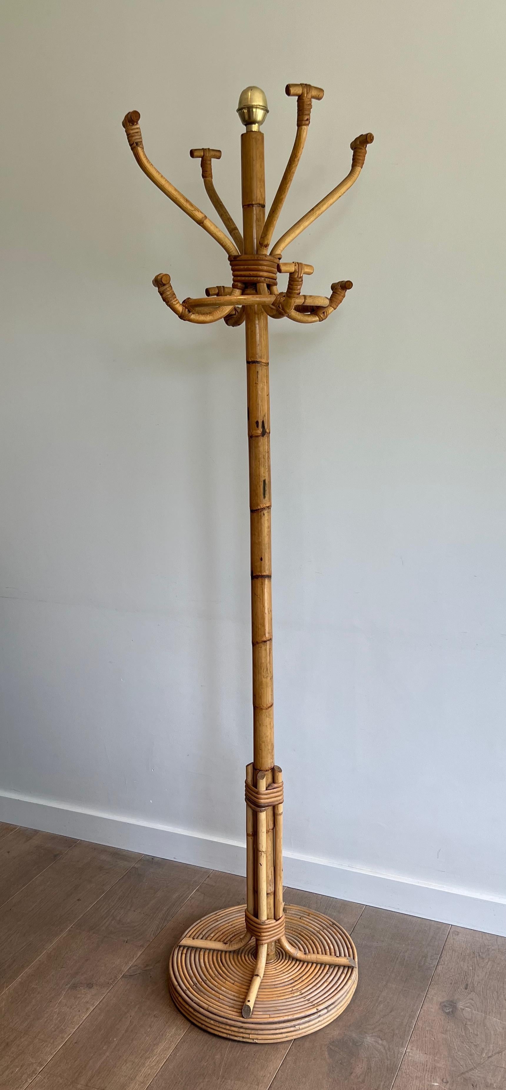 Rattan and Brass Coat rack on stand. French Work. Circa 1970 For Sale 5