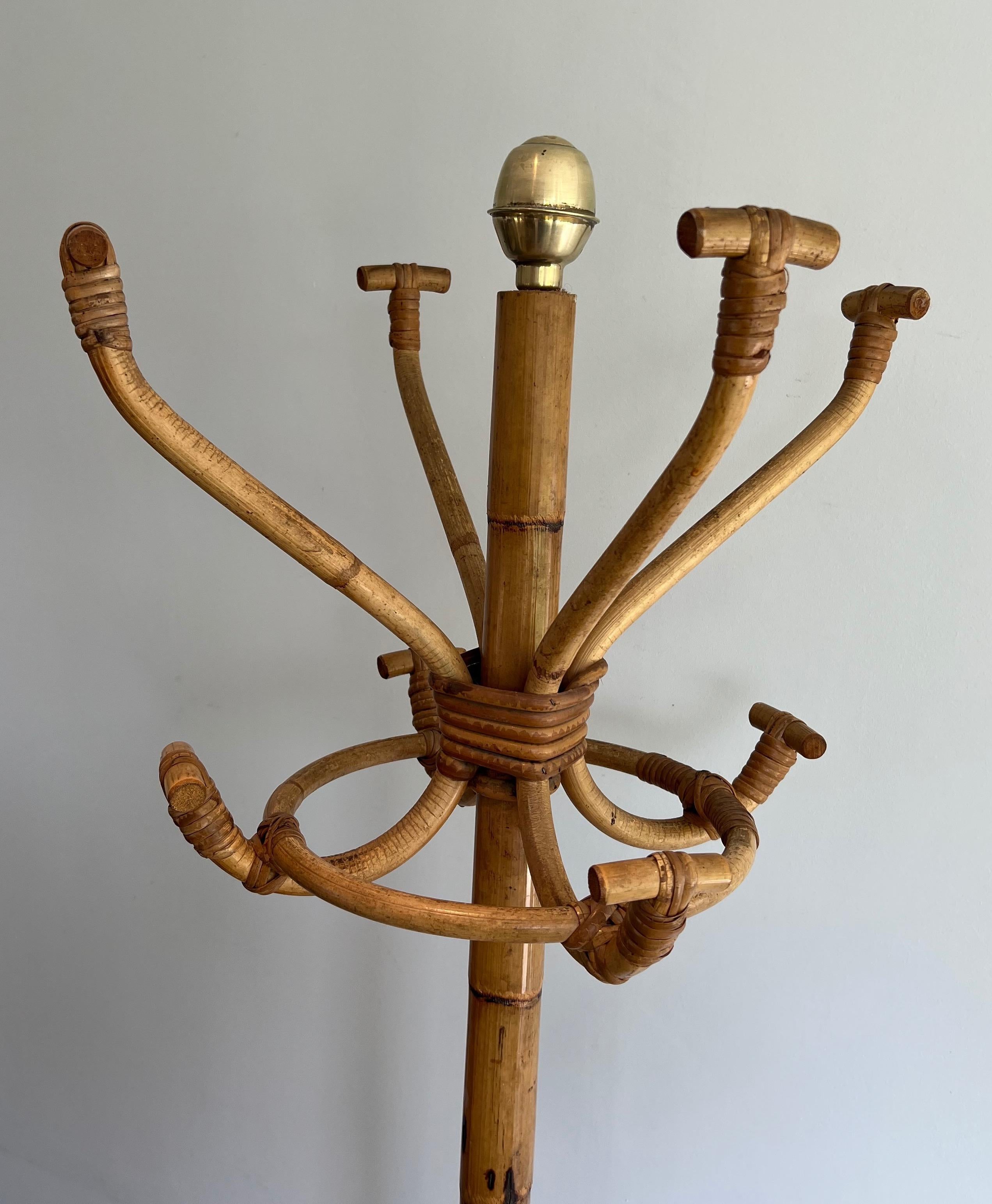 Late 20th Century Rattan and Brass Coat rack on stand. French Work. Circa 1970 For Sale