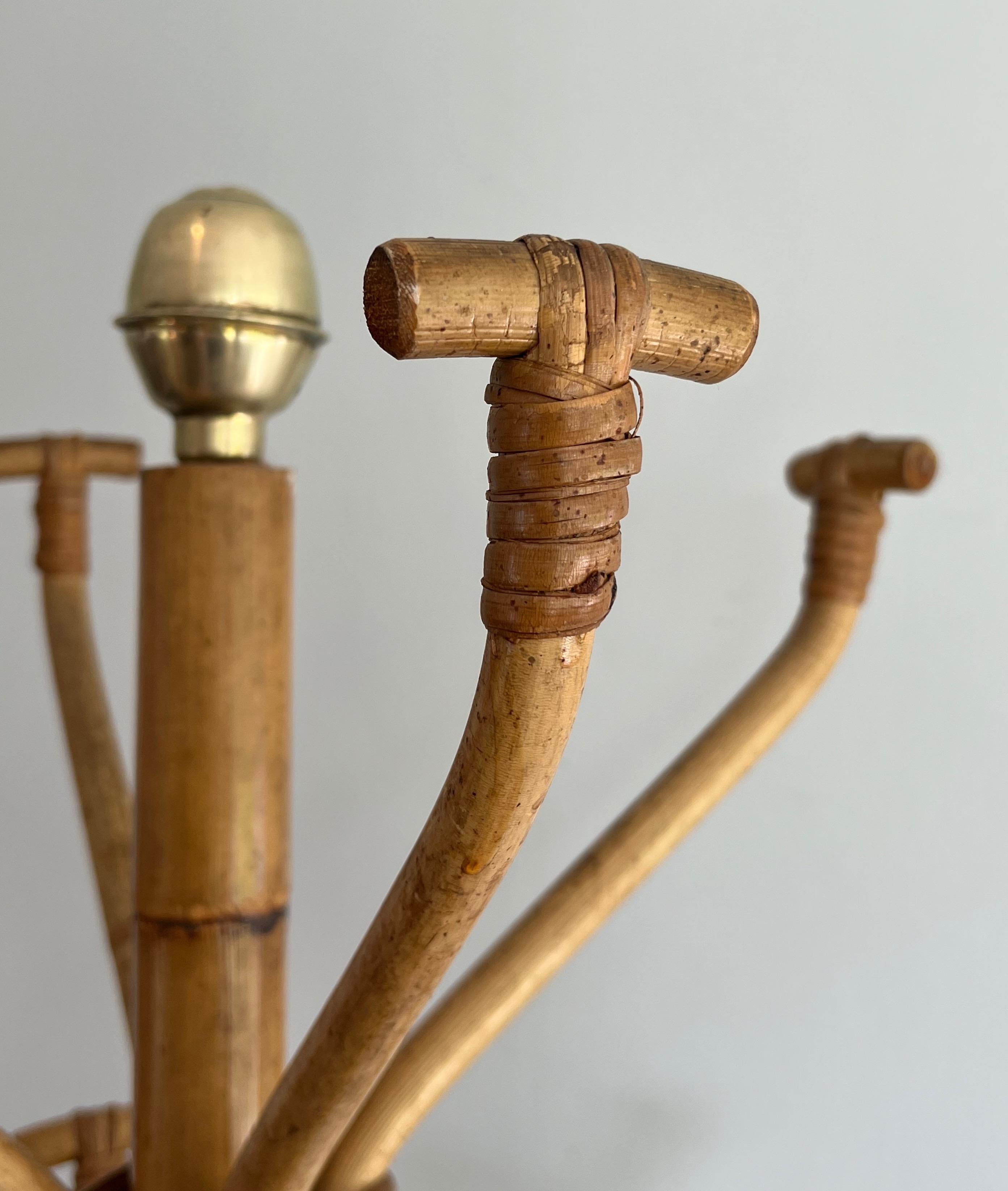 Bamboo Rattan and Brass Coat rack on stand. French Work. Circa 1970 For Sale