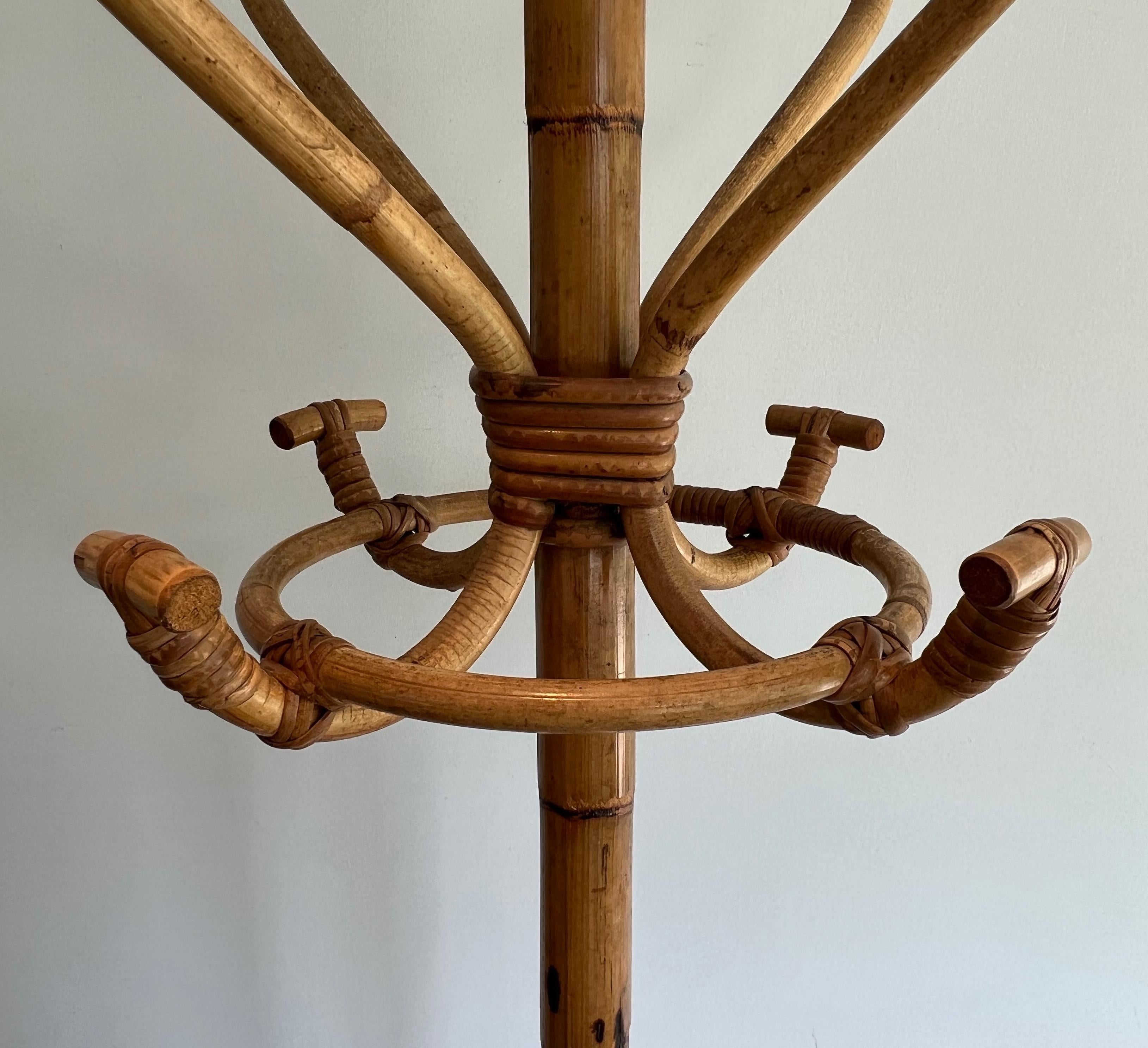 Rattan and Brass Coat rack on stand. French Work. Circa 1970 For Sale 1
