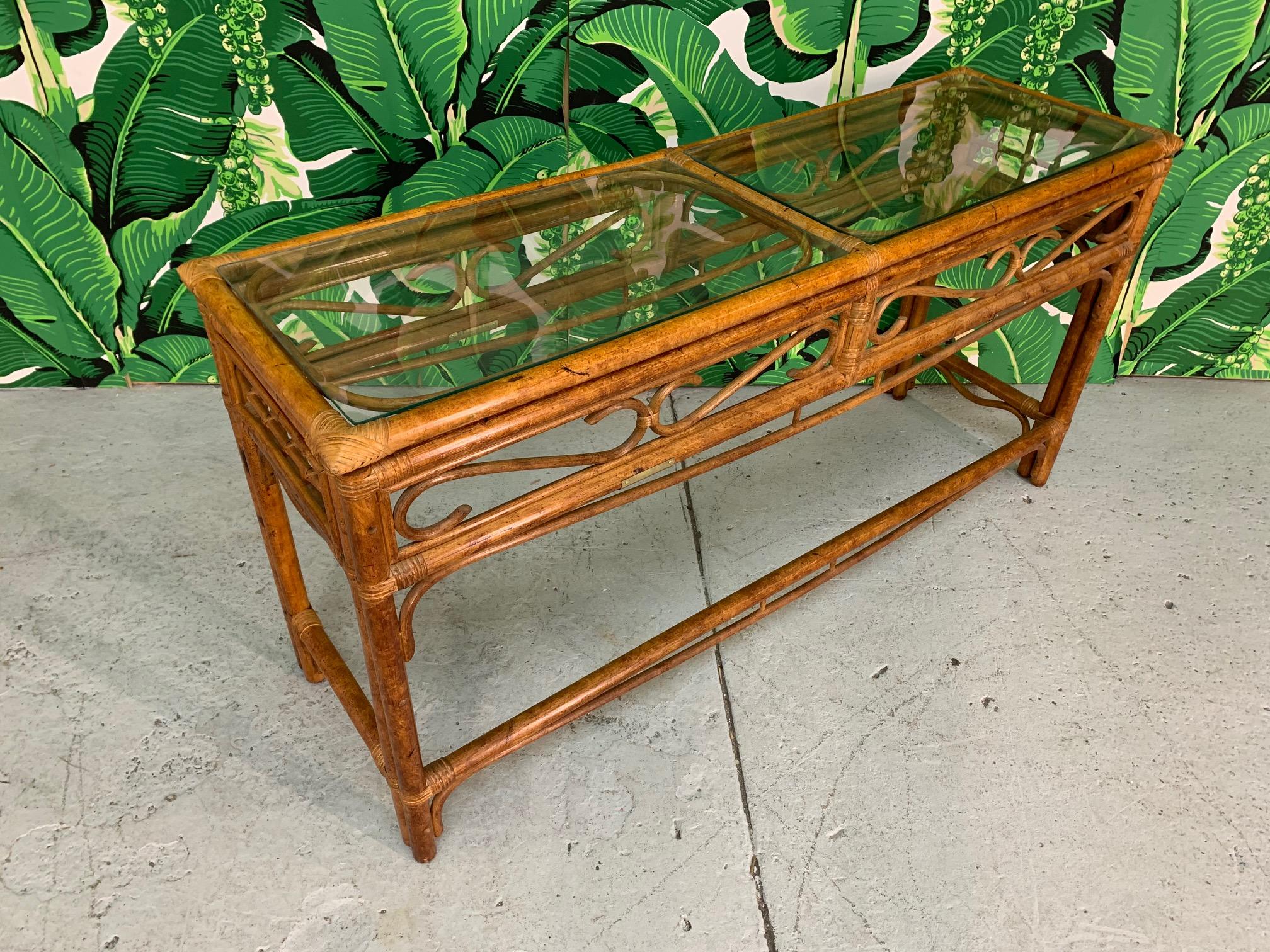 Hollywood Regency Rattan and Brass Console Table