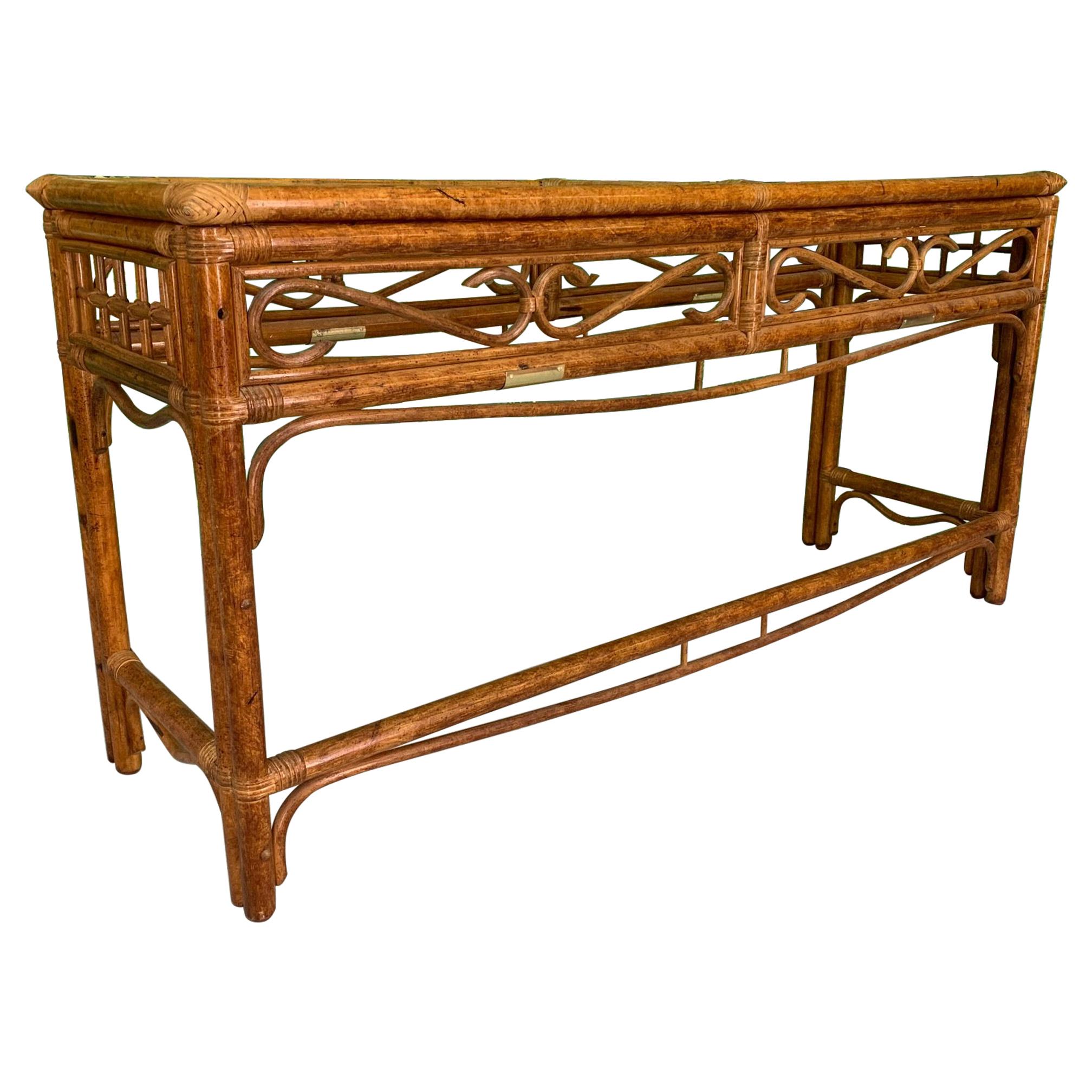 Rattan and Brass Console Table