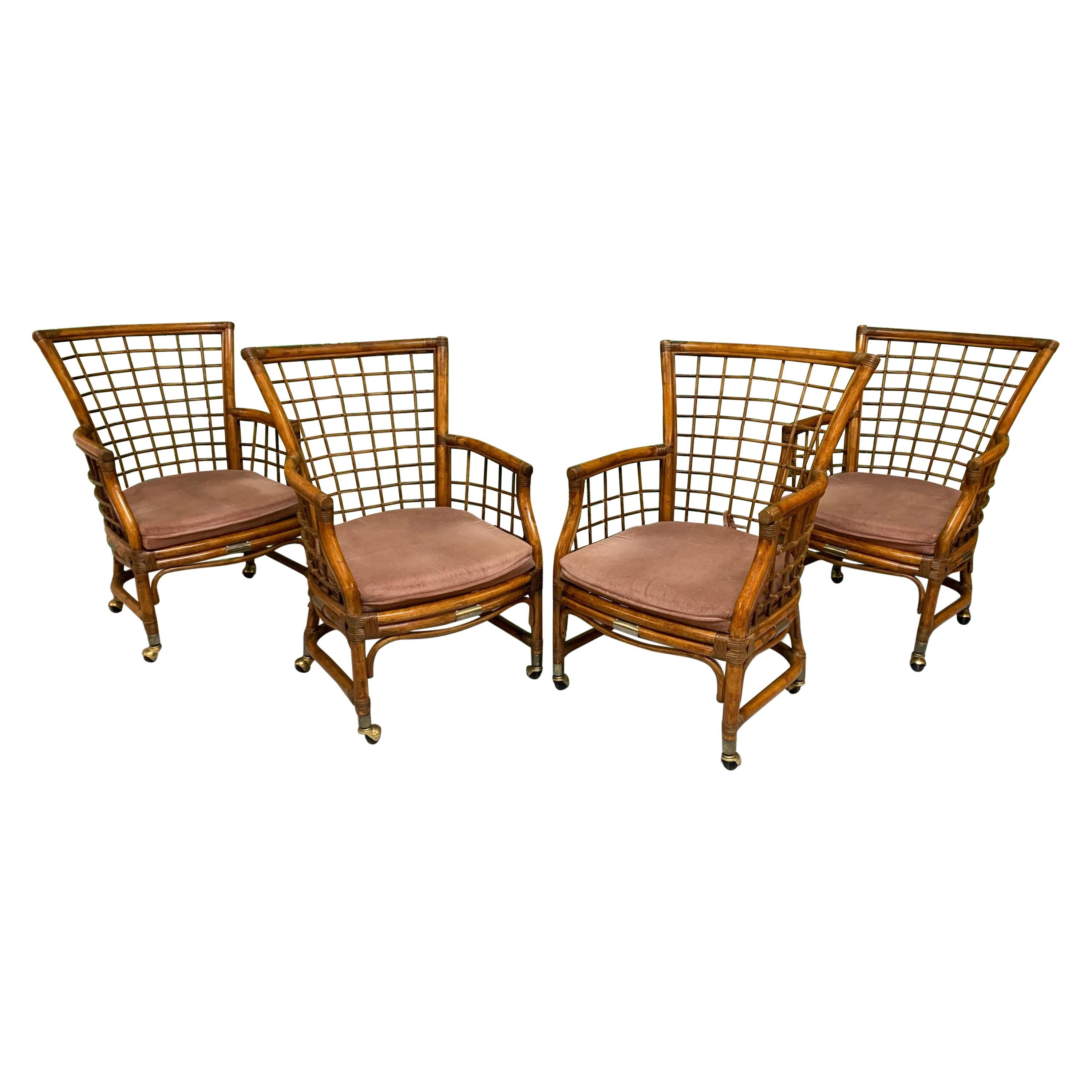 Rattan and Brass Dining Chairs, Set of 4