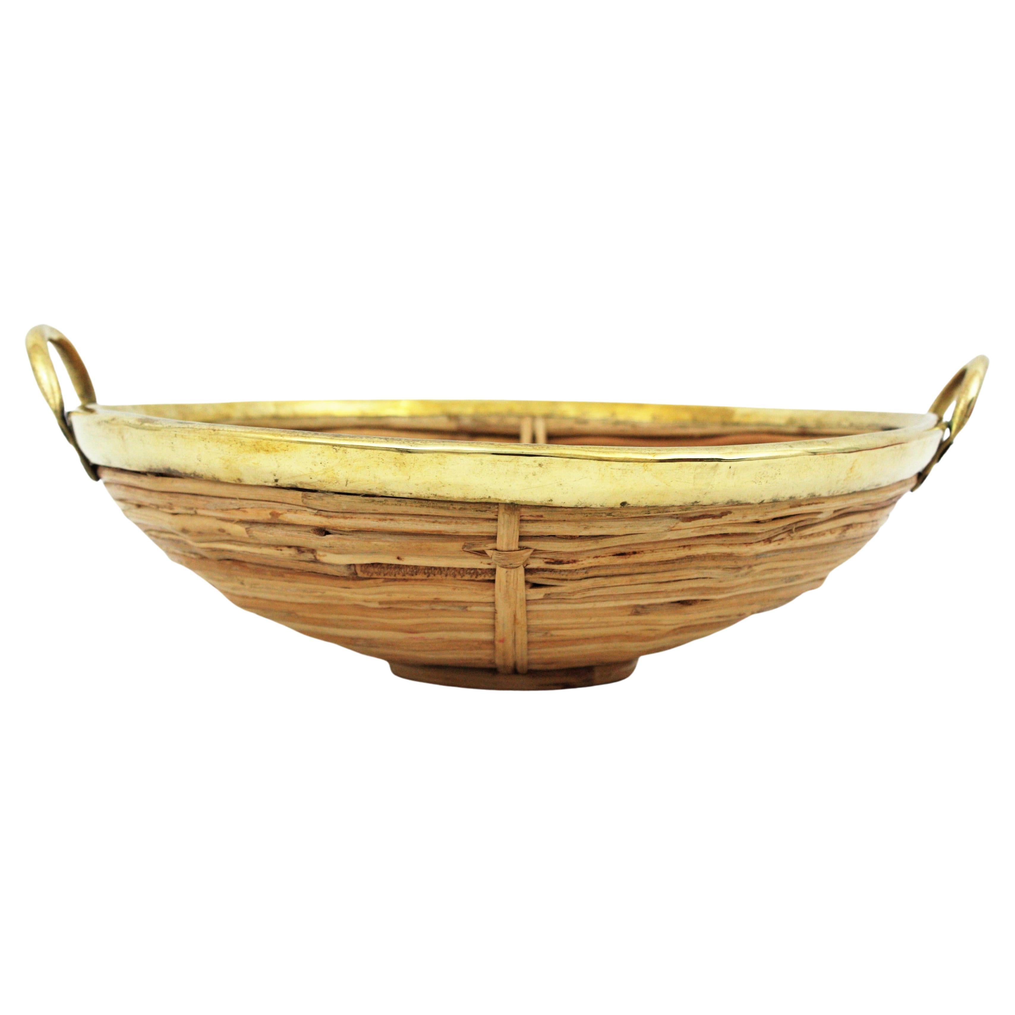 Hand-Crafted Rattan and Brass Italian Centerpiece Basket with Handles, 1970s For Sale