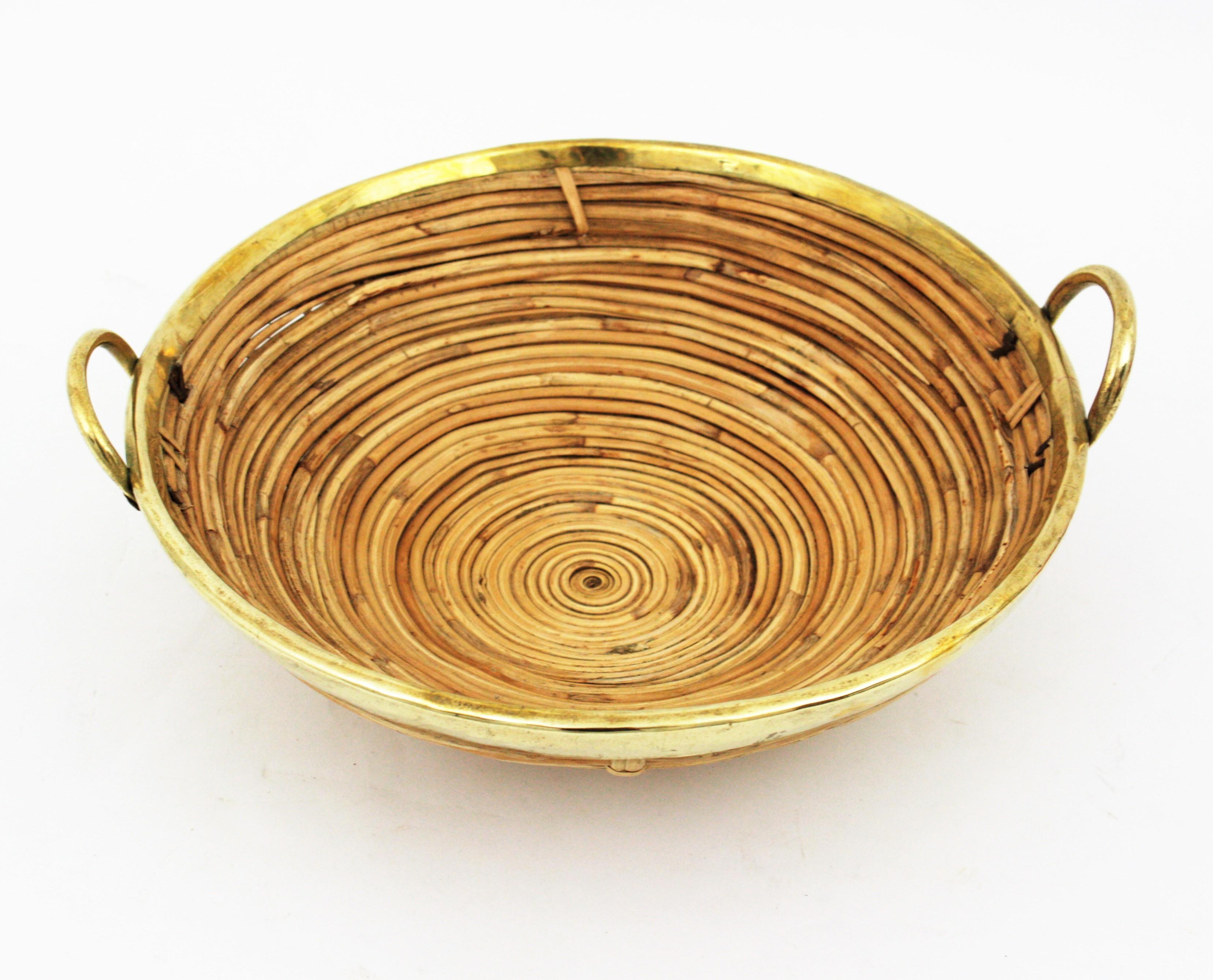 20th Century Rattan and Brass Italian Centerpiece Basket with Handles, 1970s For Sale
