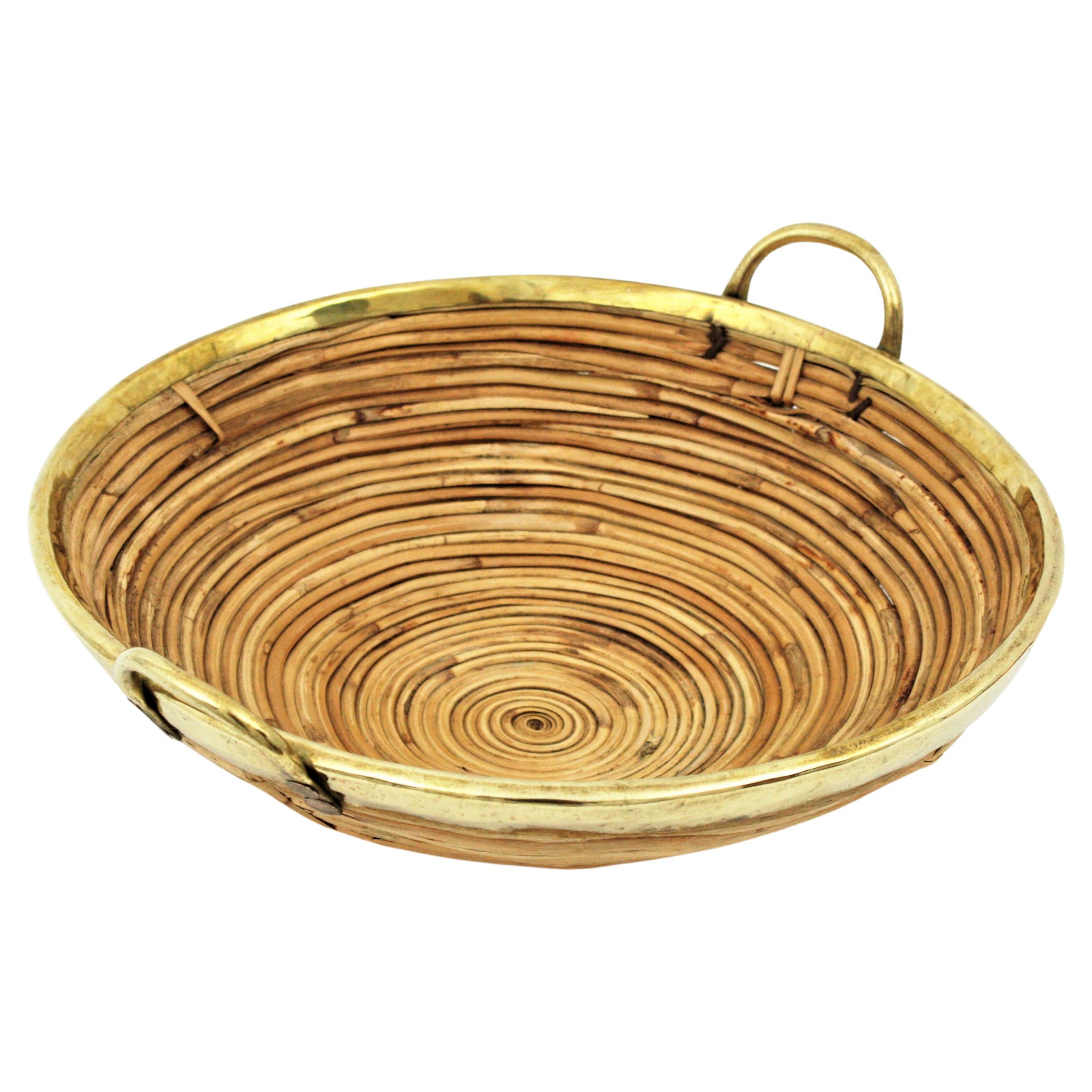 Rattan and Brass Italian Centerpiece Basket with Handles, 1970s