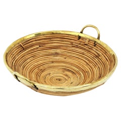 Rattan and Brass Italian Centerpiece Basket with Handles, 1970s
