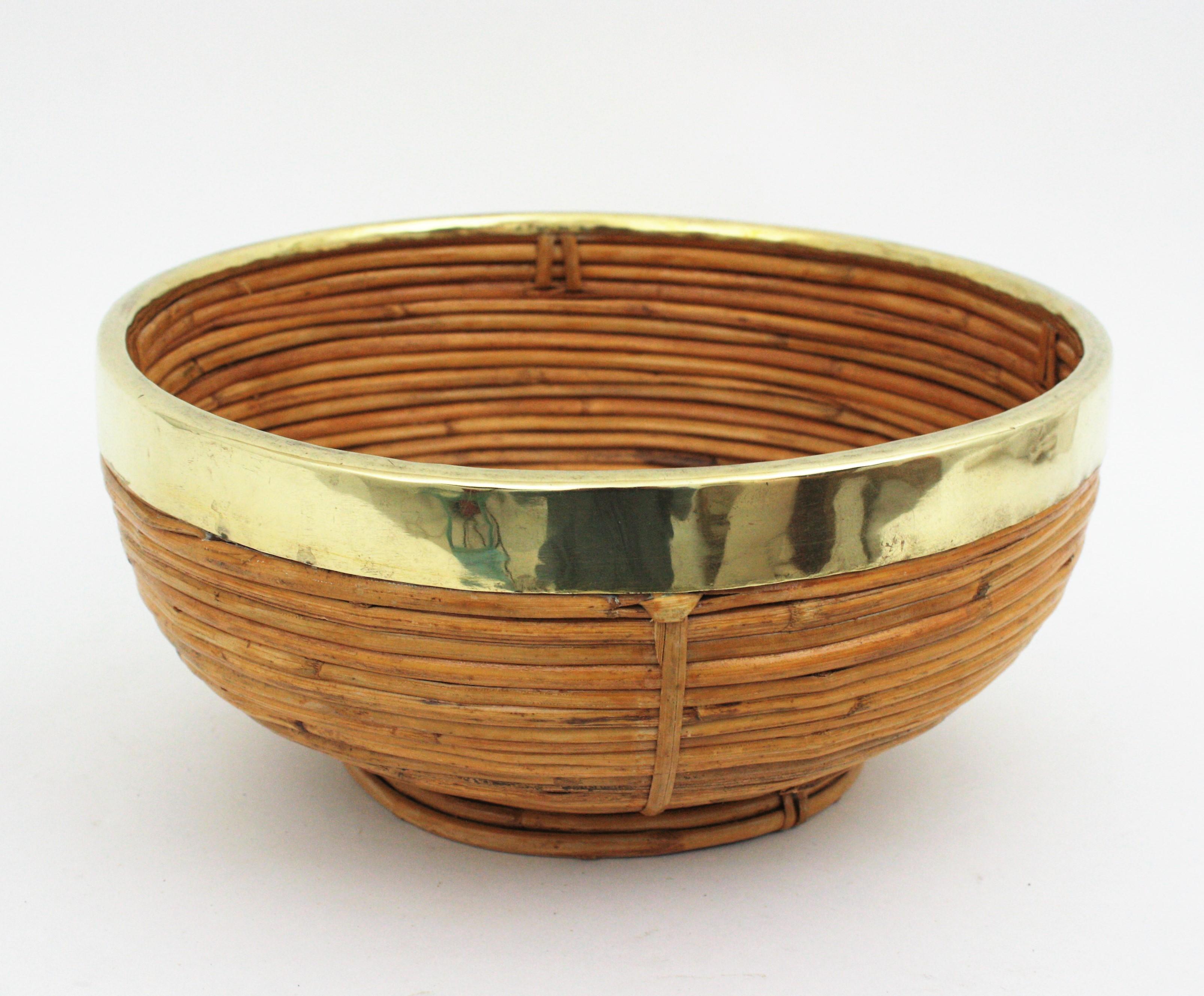 Hand-Crafted Rattan and Brass Italian Large Basket Bowl Centerpiece, 1970s For Sale