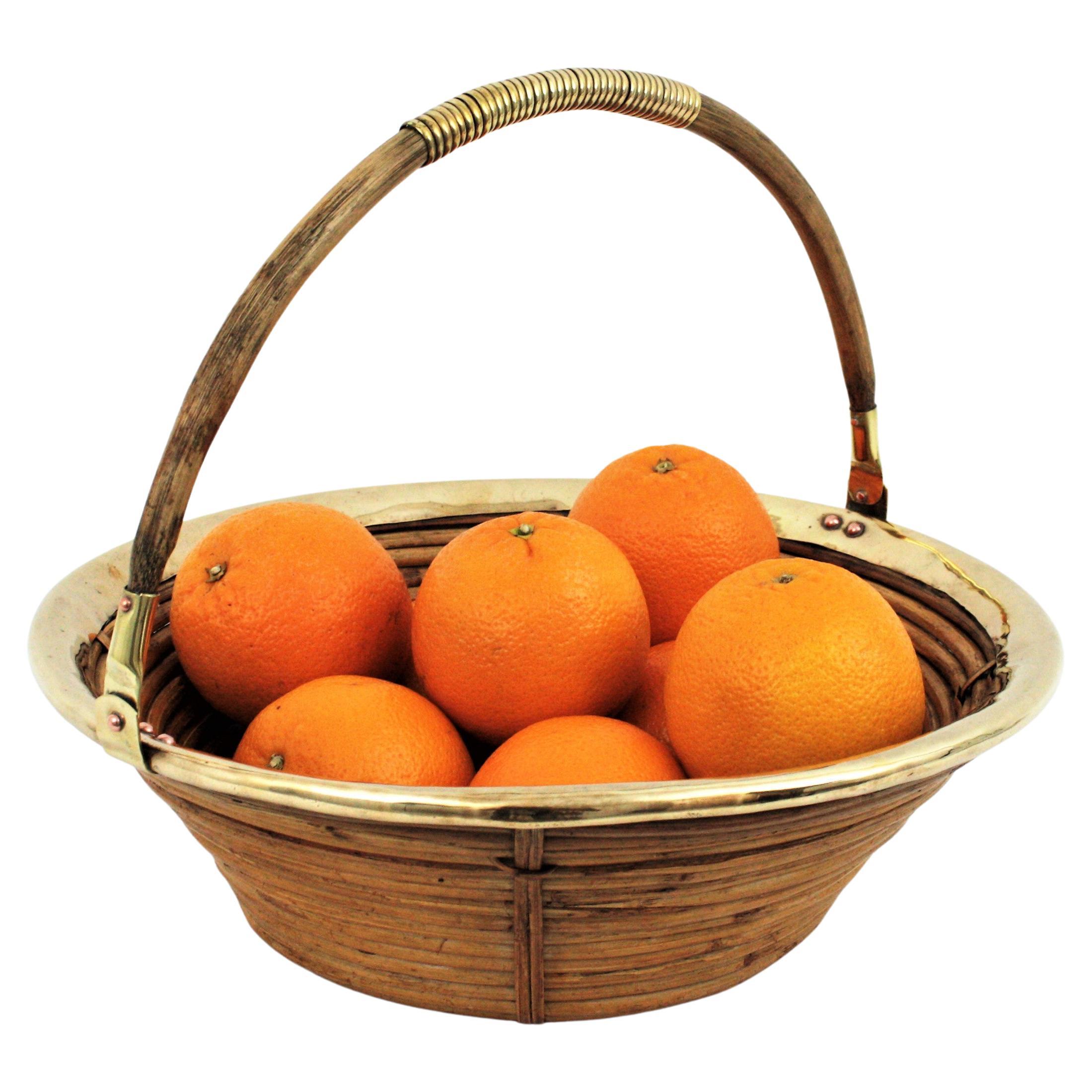 Rattan and Brass Italian Large Centerpiece Basket Bowl, 1970s
