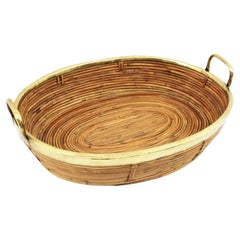 Rattan and Brass Italian Large Centerpiece Tray Basket, 1970s