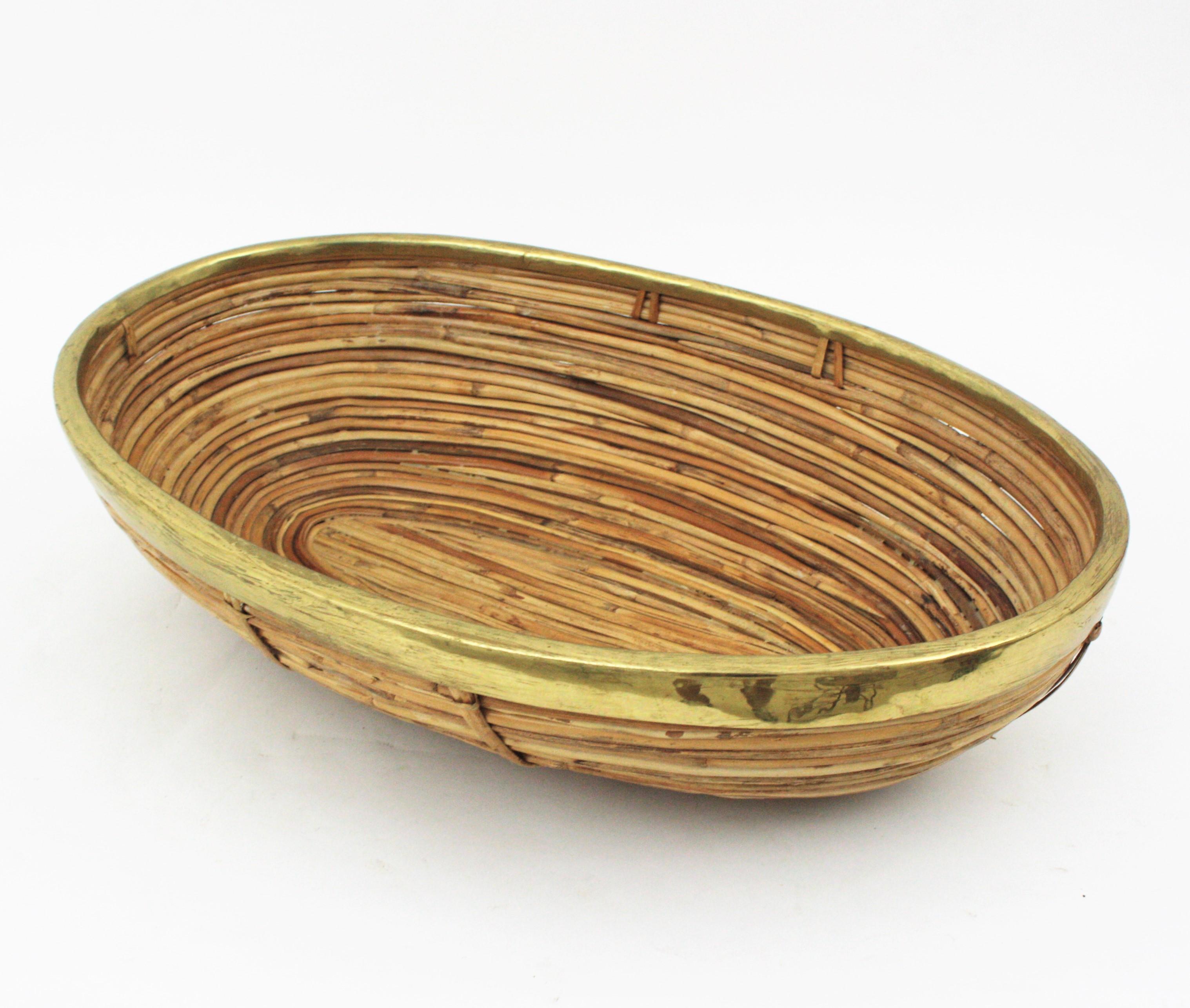 Rattan and Brass Italian Large Oval Basket Centerpiece Bowl, 1970s For Sale 6