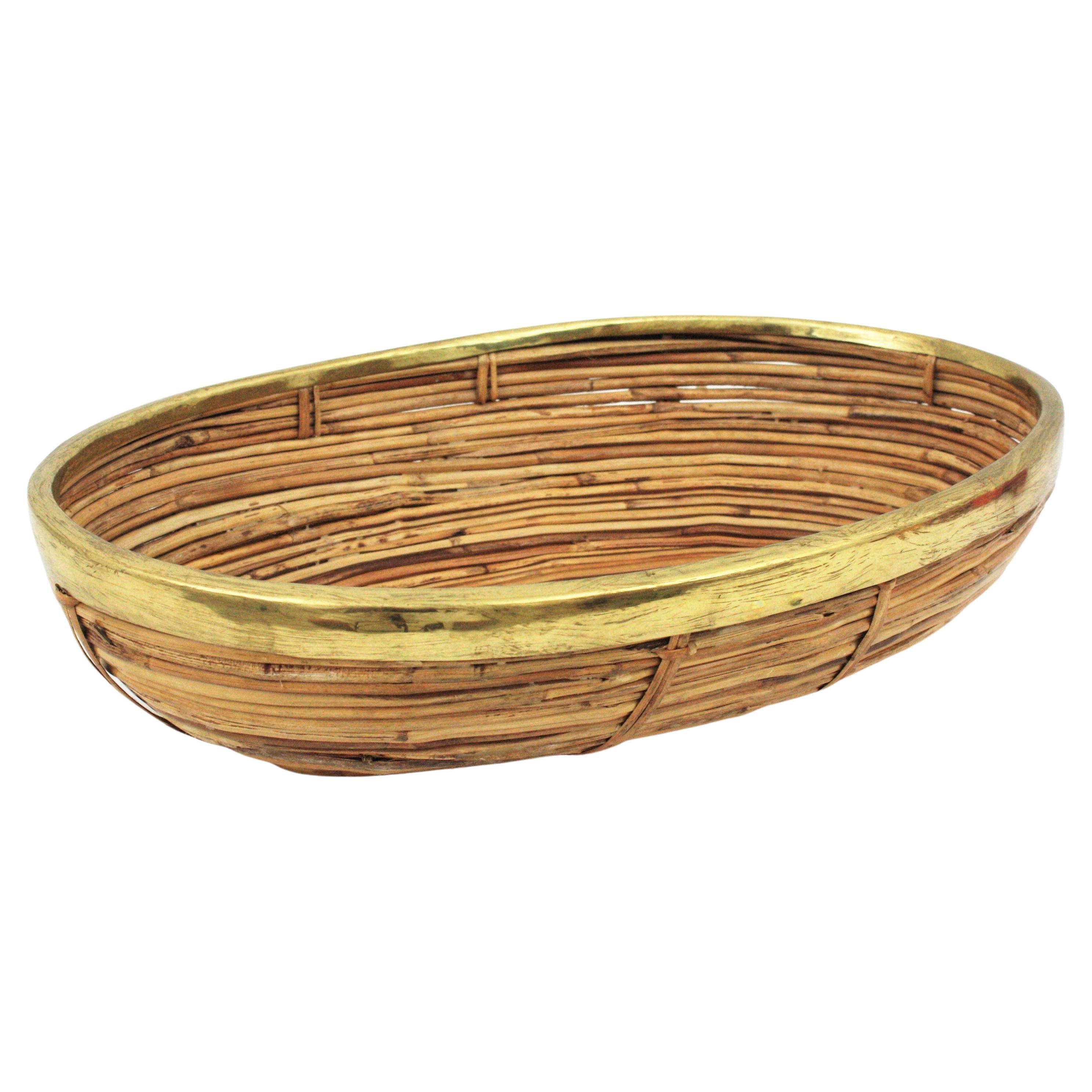 Rattan and Brass Italian Large Oval Basket Centerpiece Bowl, 1970s For Sale 12