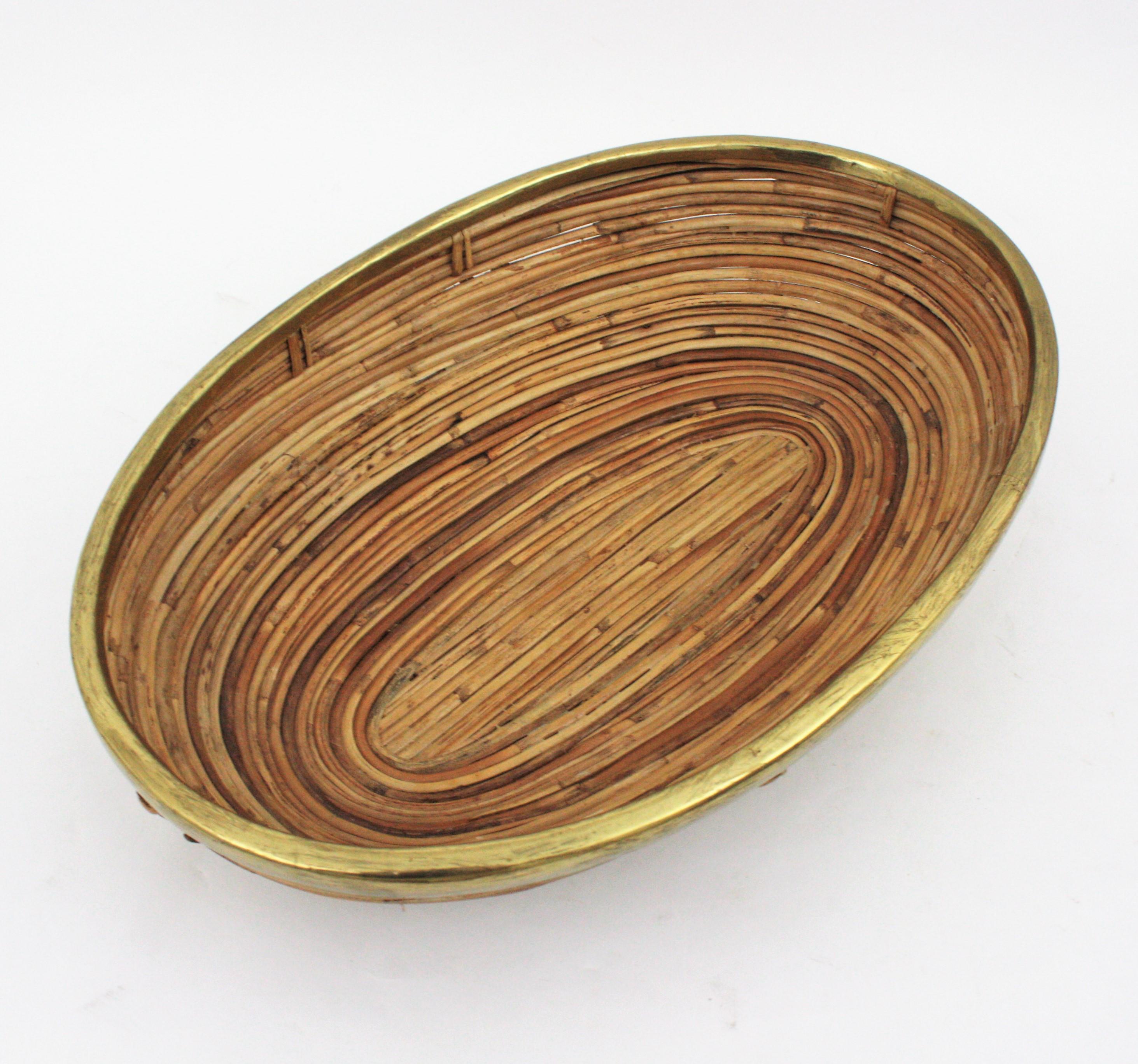Rattan and Brass Italian Large Oval Basket Centerpiece Bowl, 1970s For Sale 4