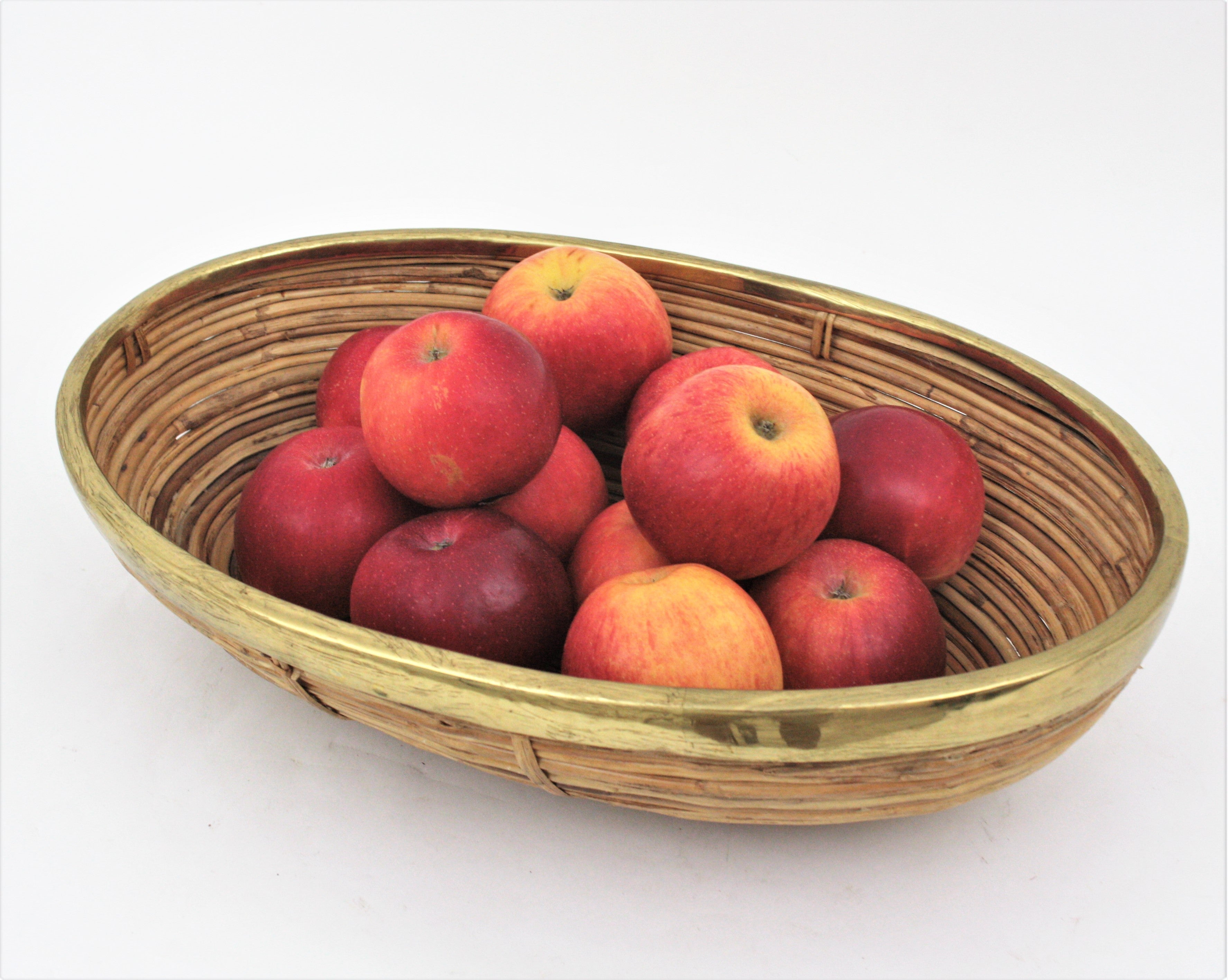 20th Century Rattan and Brass Italian Large Oval Basket Centerpiece Bowl, 1970s For Sale