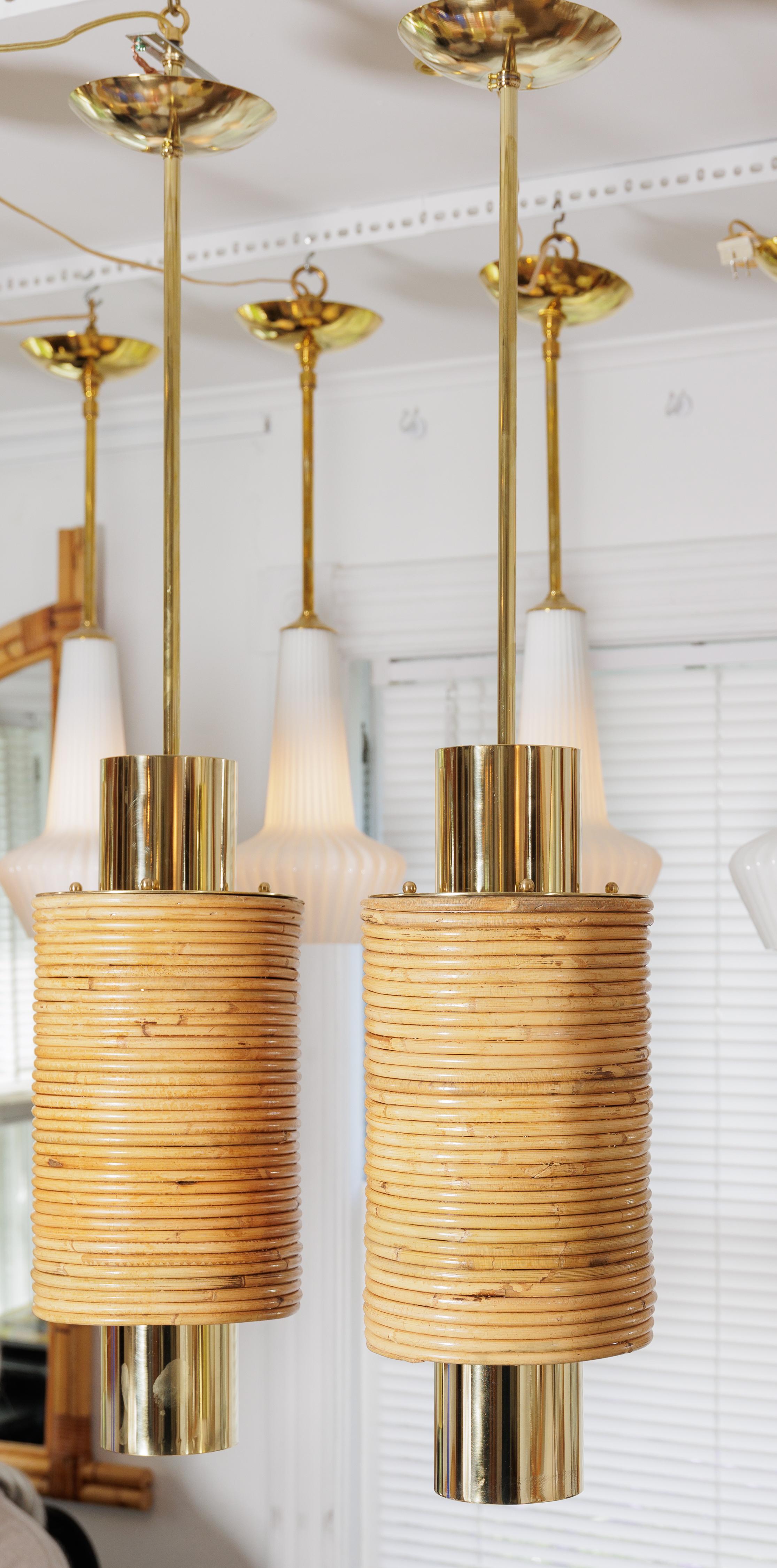 Mid-Century Modern Rattan and Brass Pendant For Sale